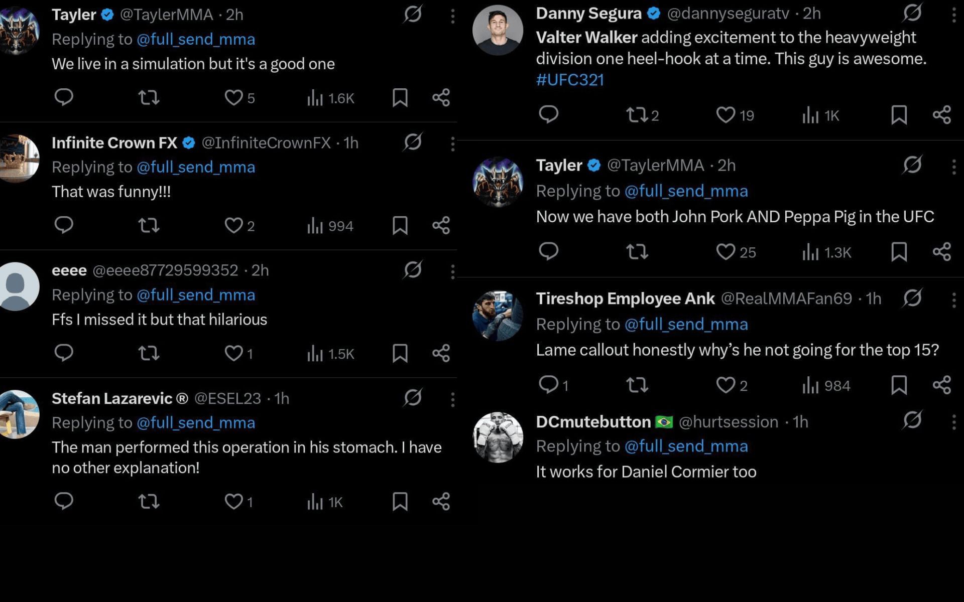 Fans&#039; reaction to Valter Walker calling out Chris Barnett after securing a submission win at UFC 321. [Screenshots courtesy: @full_send_mma on X &amp; Respective X handles]