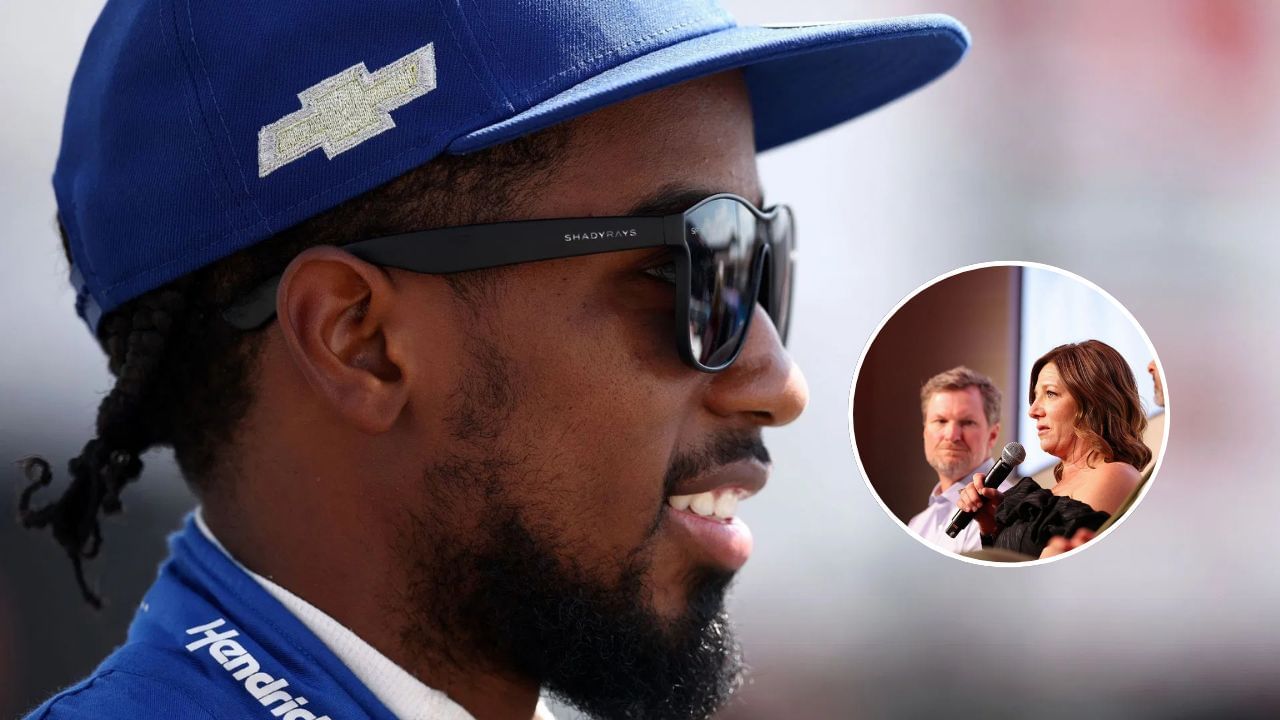 (Bg) Rajah Caruth, driver of the #71 HendrickCars.com Chevrolet, looks on during practice for the NASCAR Craftsman Truck Series Sober or Slammer 200 at Darlington Raceway on August 29, 2025 in Darlington, South Carolina. (Photo by Jared C. Tilton/Getty Images) and (Inset) Kelley Earnhardt Miller speaks onstage during the NASCAR on Prime Presents The World Premiere of Earnhardt at The Revelry on May 22, 2025 in Charlotte, North Carolina. (Photo by David Jensen/Getty Images for NASCAR and Prime Video)