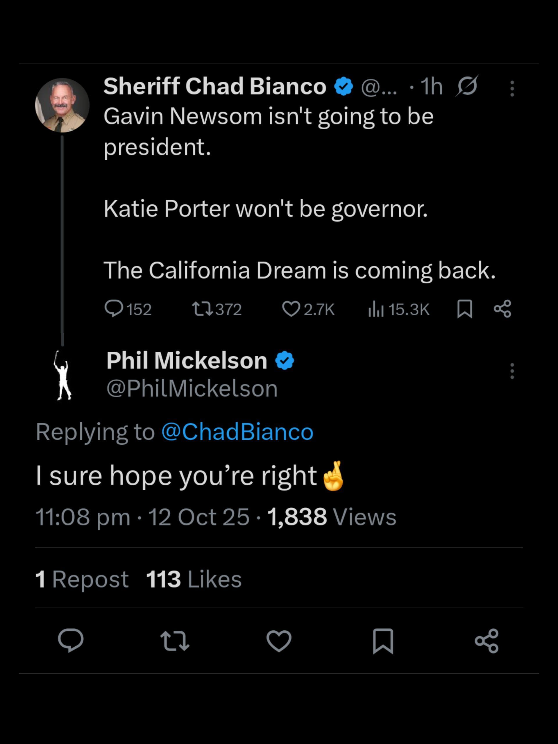 Screenshot from Mickelson&#039;s X post regarding Katie Porter and Gavin Newsom / Source: @PhilMickelson on X