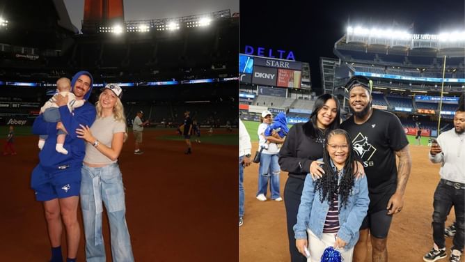 Shane Bieber's wife Kara rocks chic red leather jacket for World Series Game 3 fit; Vladimir Guerrero Jr.'s wife Nathalie reacts