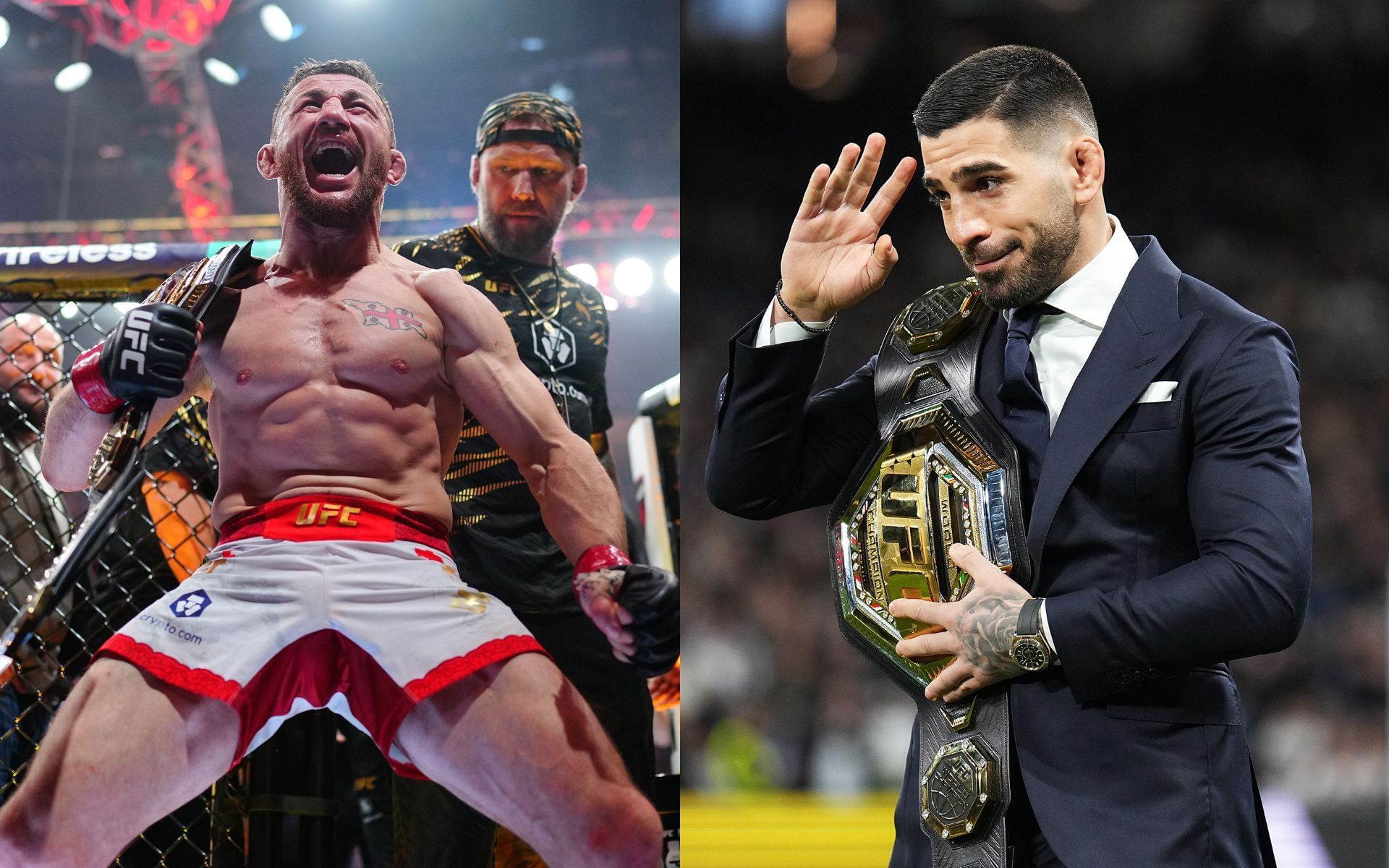 Ilia Topuria (right) praises Merab Dvalishvili (left) after UFC 320 win. [Images courtesy: Getty]