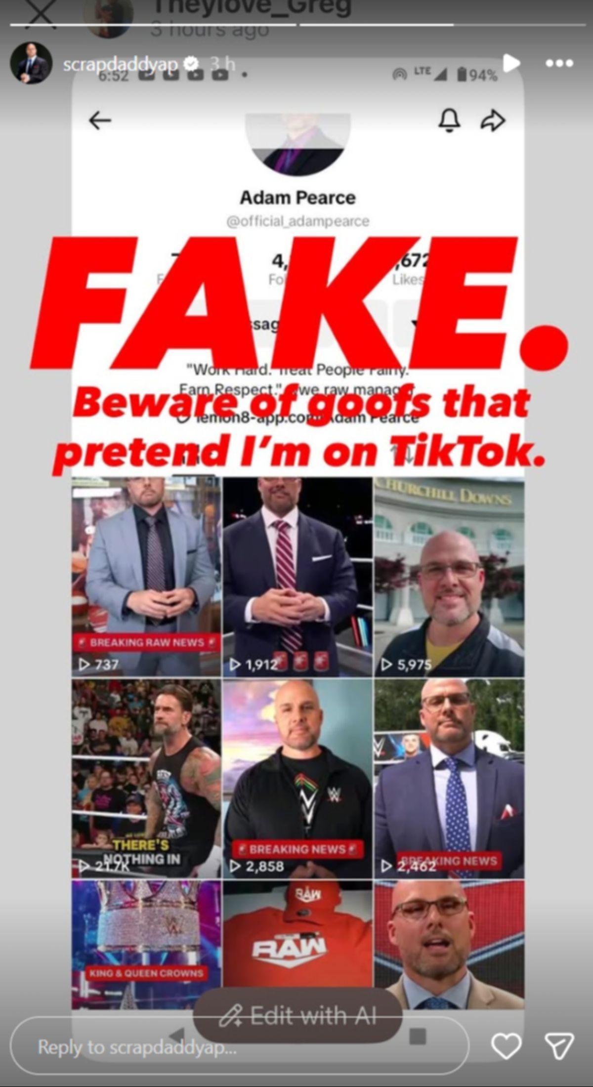 Adam Pearce asks fans to beware of impersonators on TikTok. (Picture credit: RAW GM&#039;s Instagram Story)