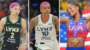 Natisha Hiedeman and Courtney Williams dap up Tara Davis-Woodhall as she shines in historic Times Square meet hosted by Serena Williams' husband