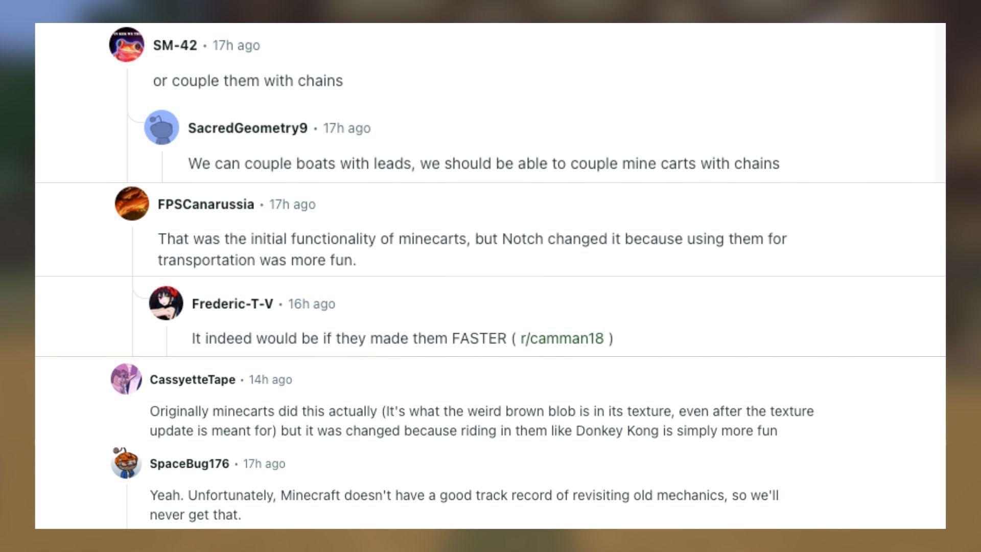 Redditors talk about how the minecarts can be improved (Image via Reddit)