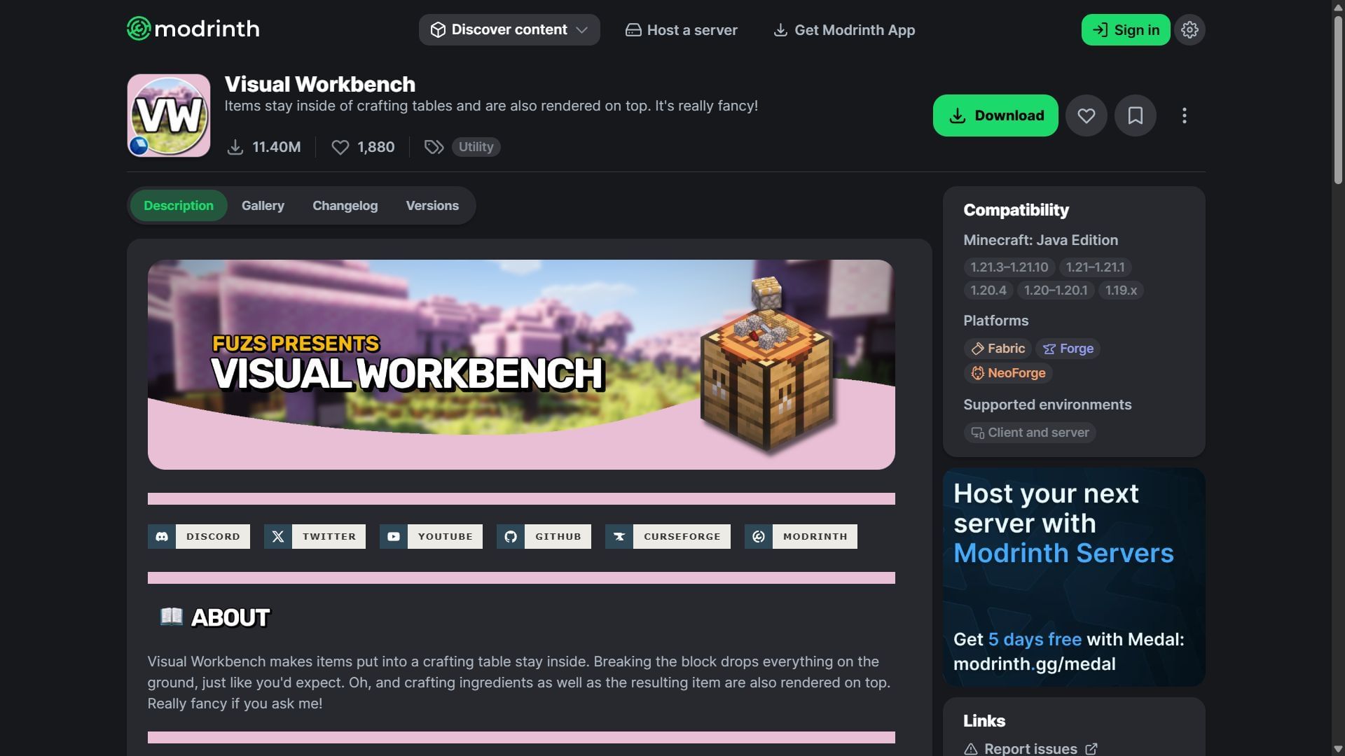 Visual Workbench mod can be downloaded from the Modrinth website (Image via Modrinth/Fuzs)