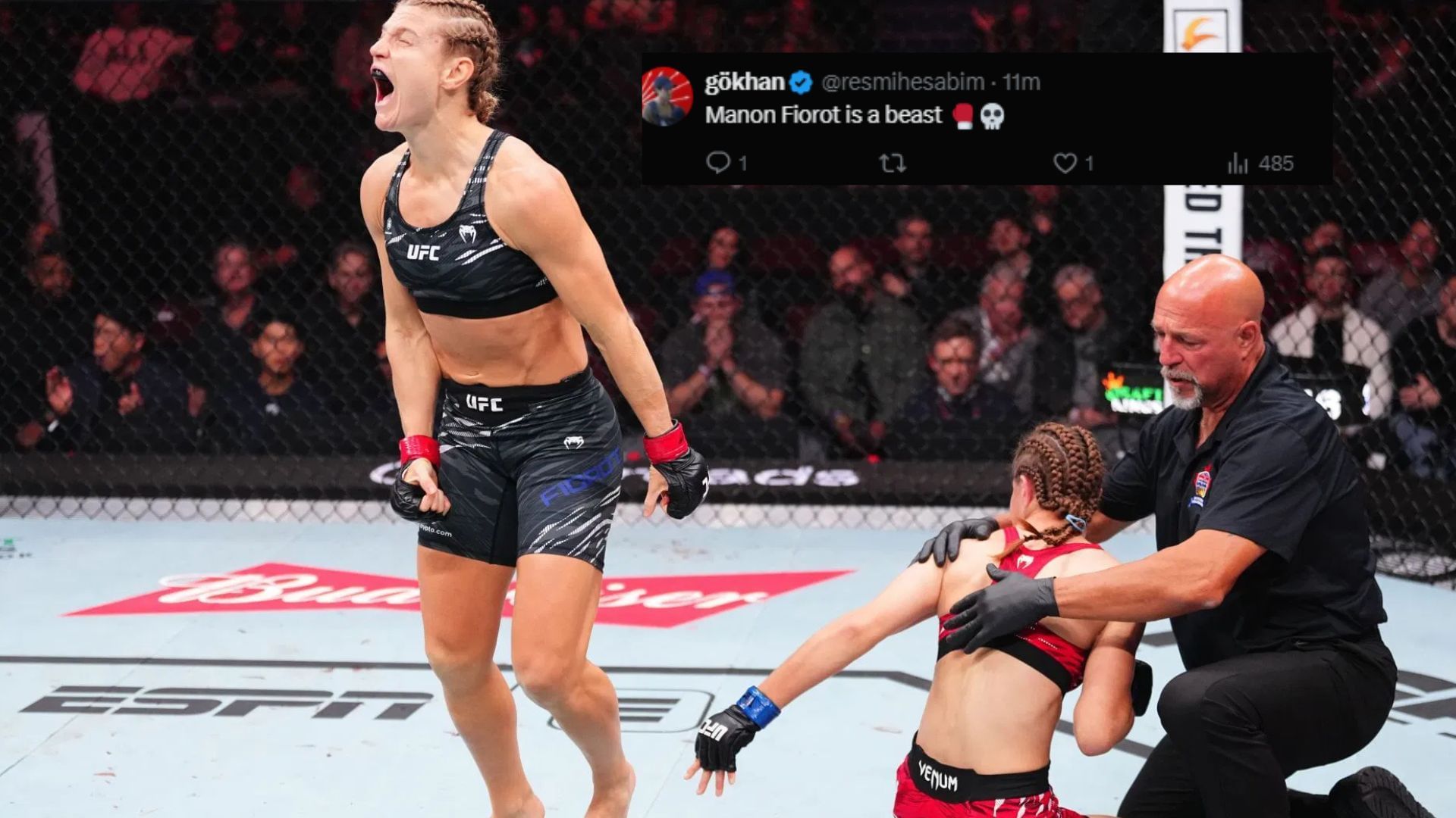 MMA world reacts as Manon Fiorot (left) finishes Jasmine Jasudavicius (middle) in Round 1 at UFC Vancouver. [Images courtesy: Getty Images]