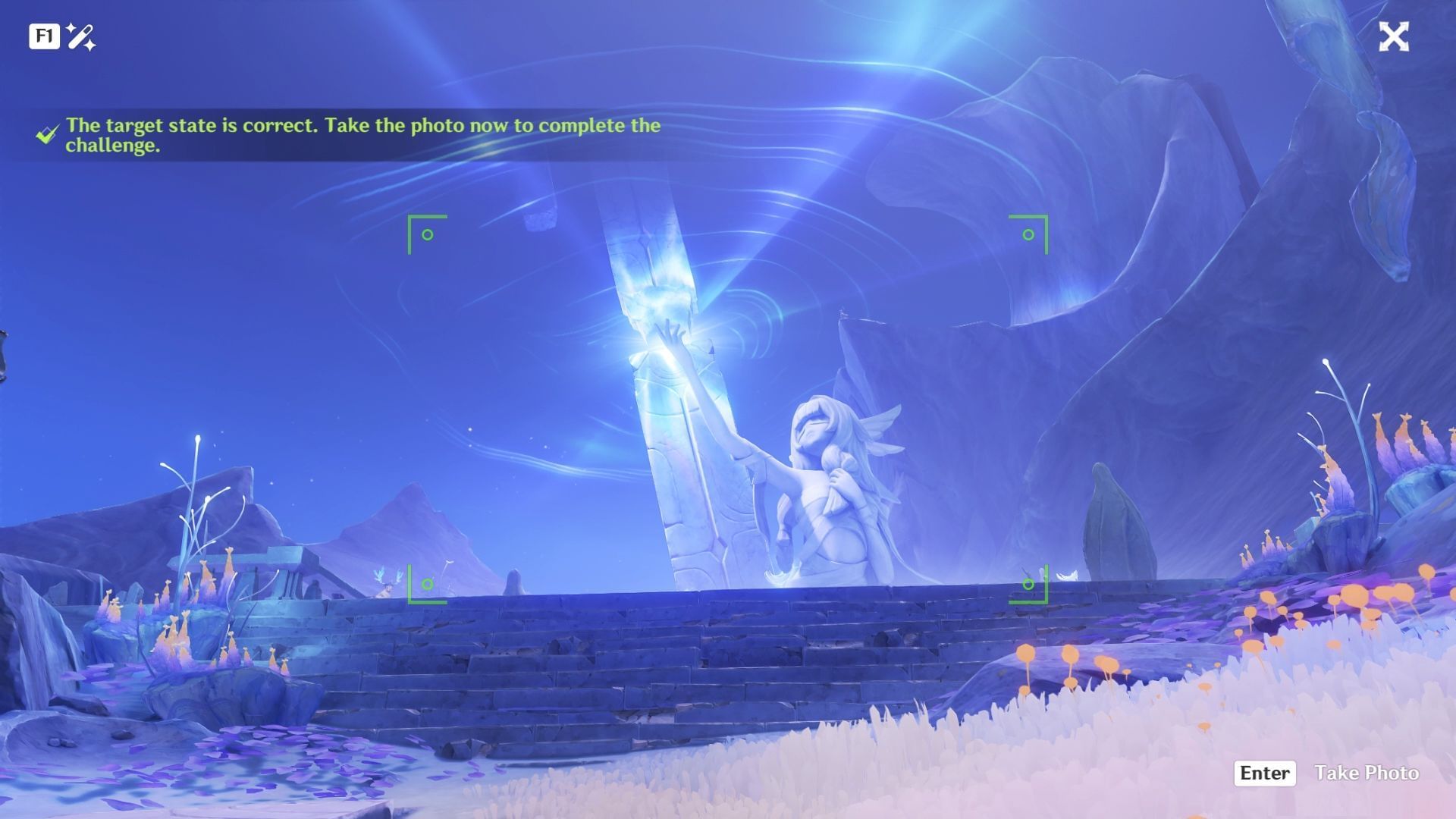 Take a picture of the Idol of New Moon&#039;s hand cupping the sanctum&#039;s light (Image via HoYoverse)