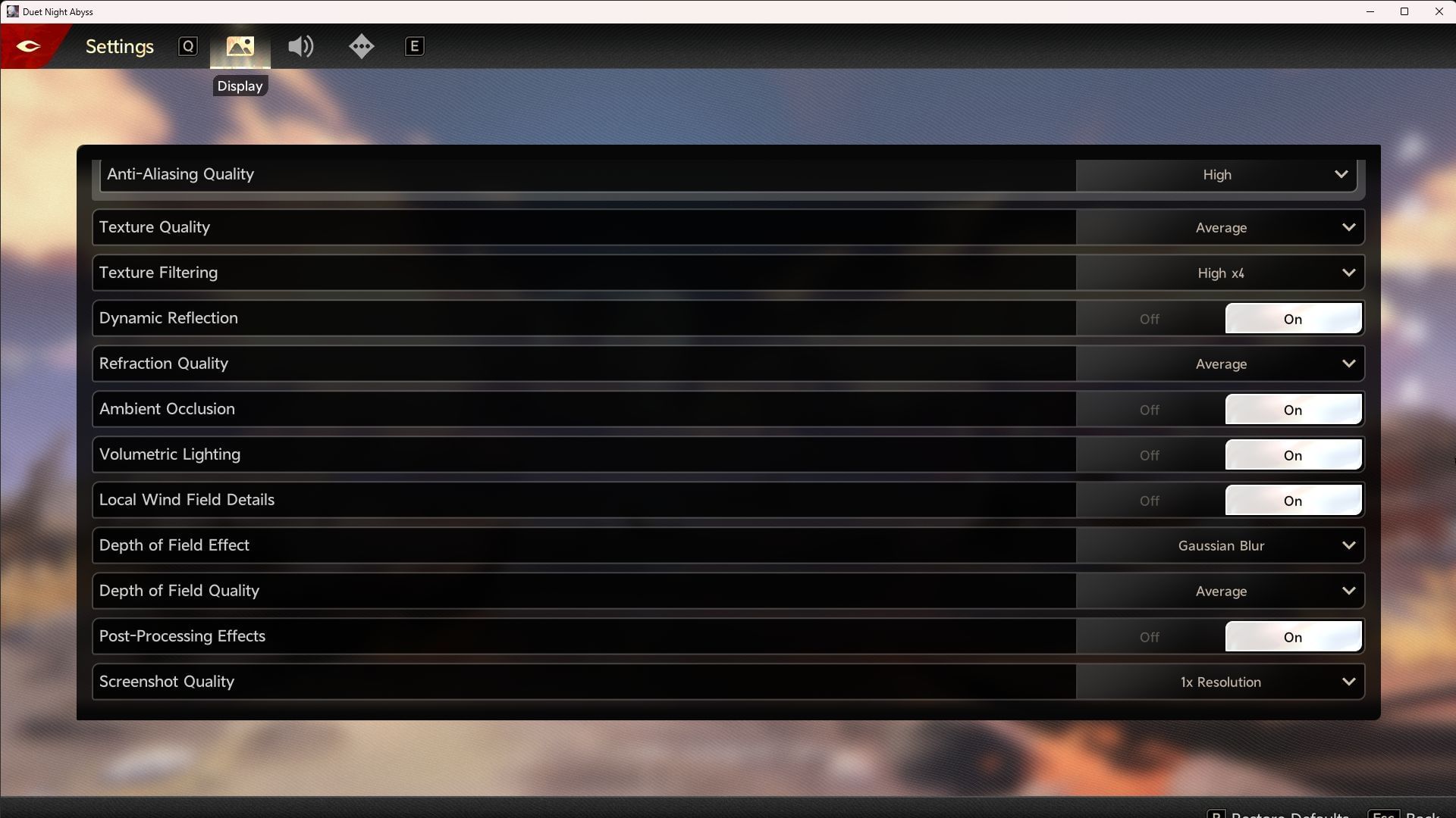 Duet Night Abyss settings page