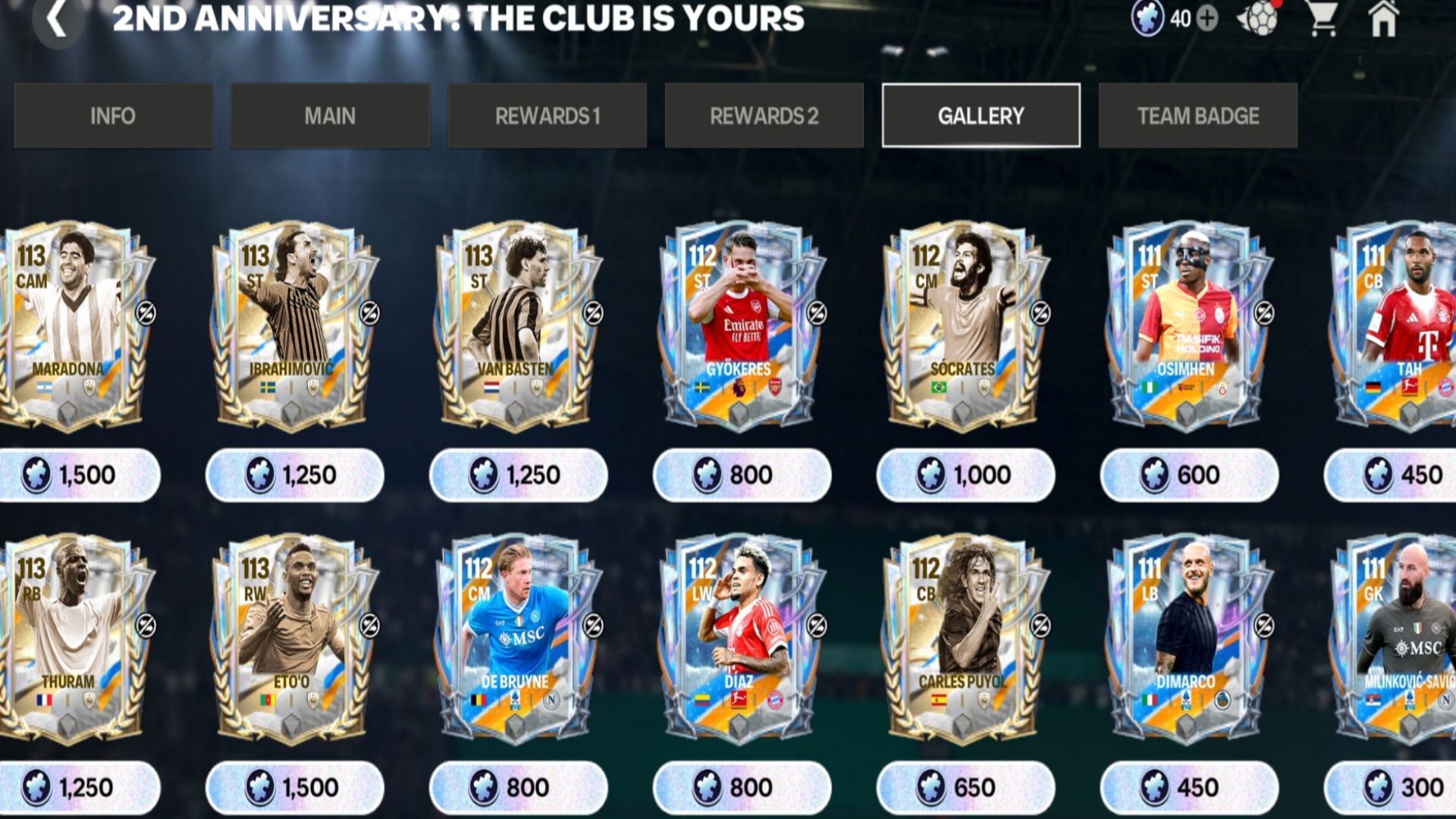 Snippet showing all available players and icons for the EA FC Mobile 2nd Anniversary Week 2 Shard exchanges (Image via EA Sports)