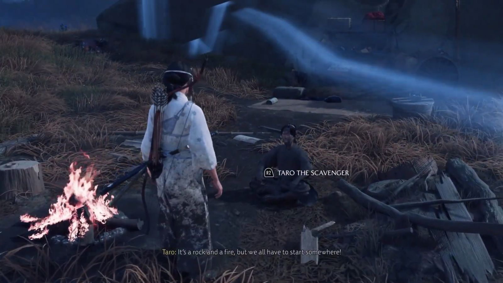 Interact with Taro at his camp in the Dead Man&#039;s Tree area (Image via Sucker Punch || YouTube@RPGaming)