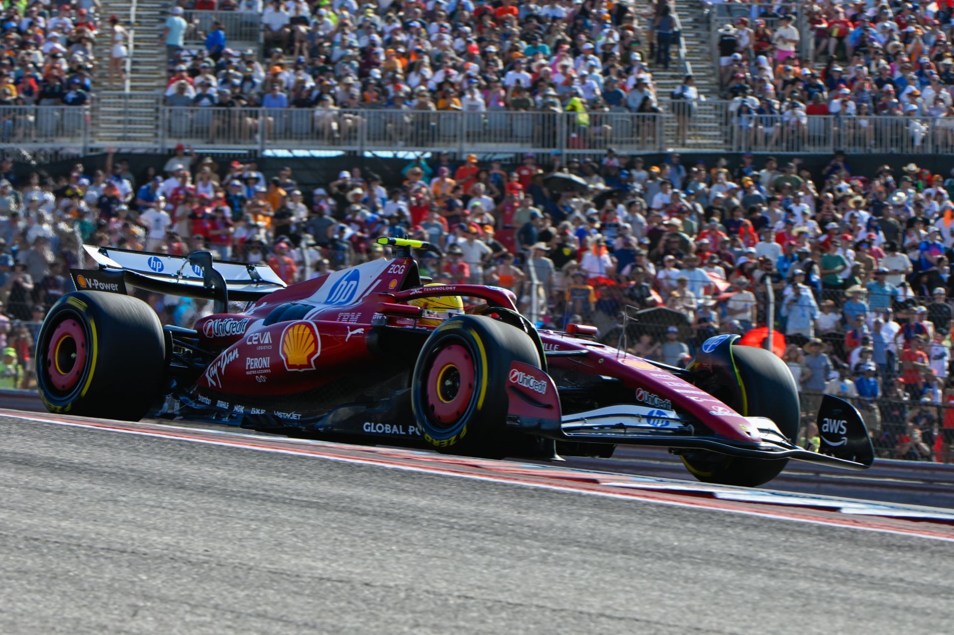 Scuderia Ferrari HP driver Lewis Hamilton (44) of England exits turn 1 during the qualifying session of the Formula 1 MSC Cruises United States Grand Prix - Source: Getty