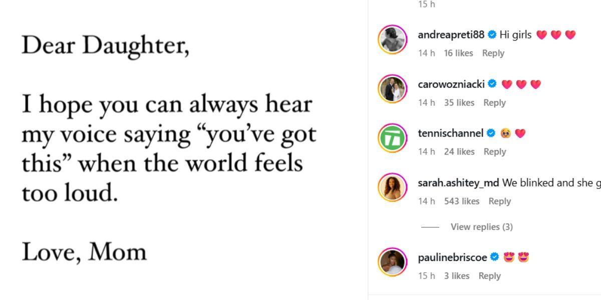 Preti and Wozniacki&#039;s comments on Williams&#039; Instagram post (Source: Instagram/serenawilliams)