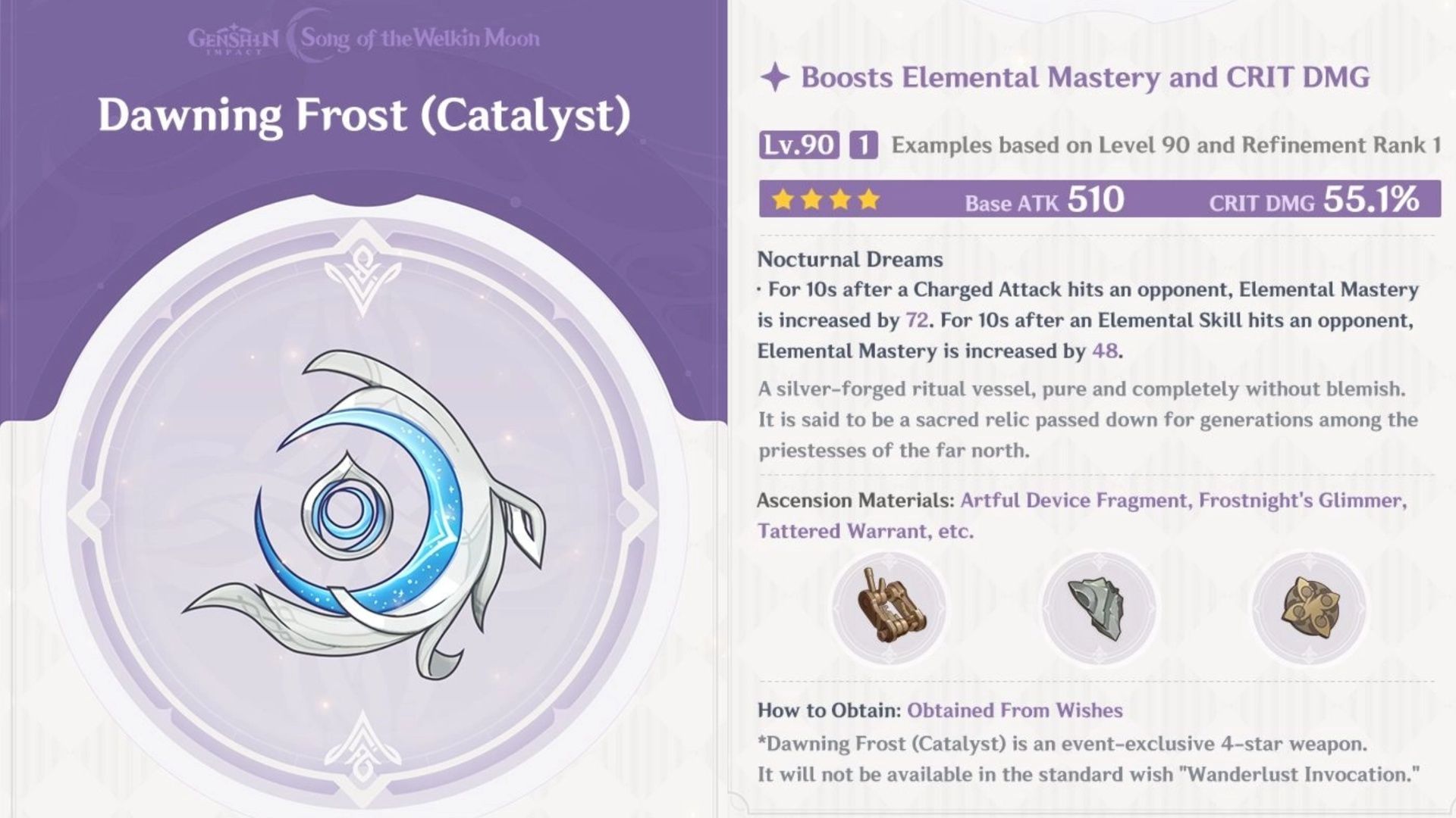 Dawning Frost stats and effects at level 90 R1 (Image via HoYoverse)