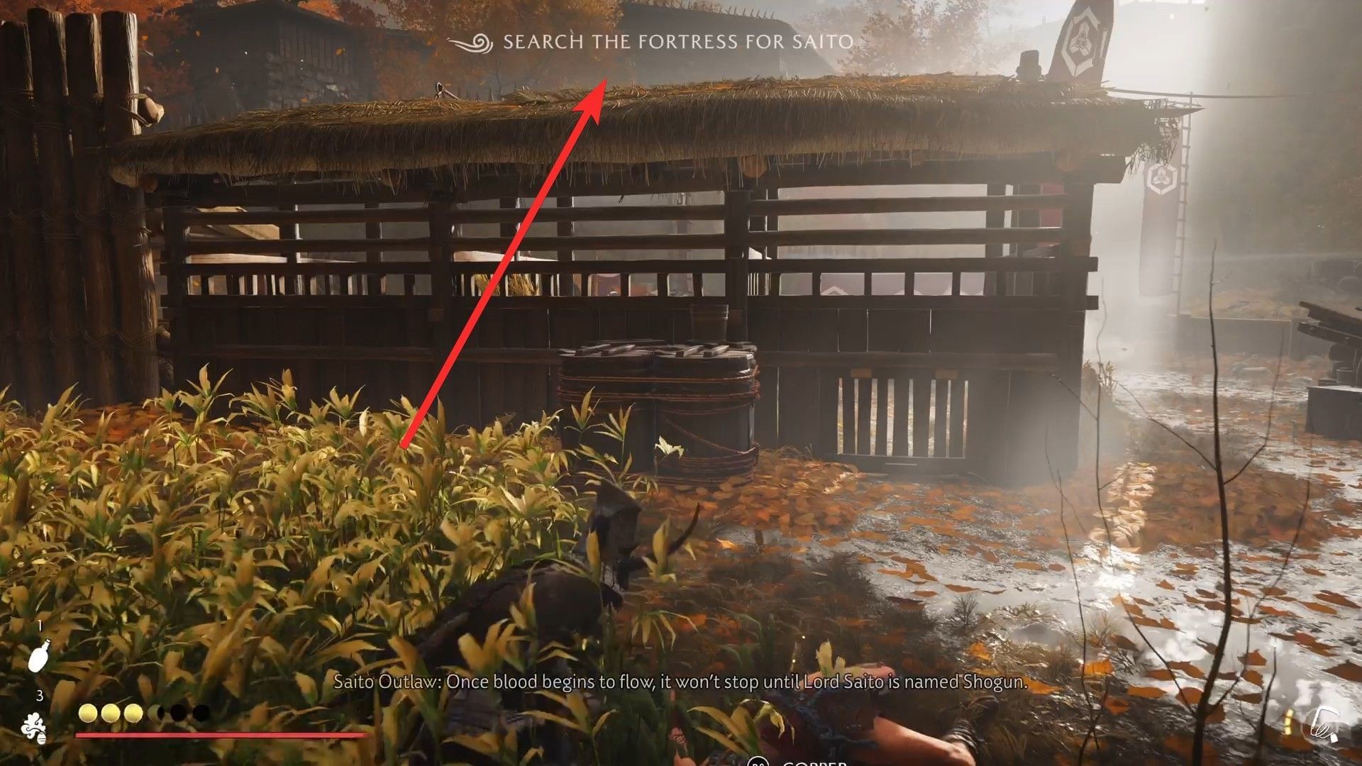 After using the bushes to stay hidden, climb onto the roof (Image via Sucker Punch)