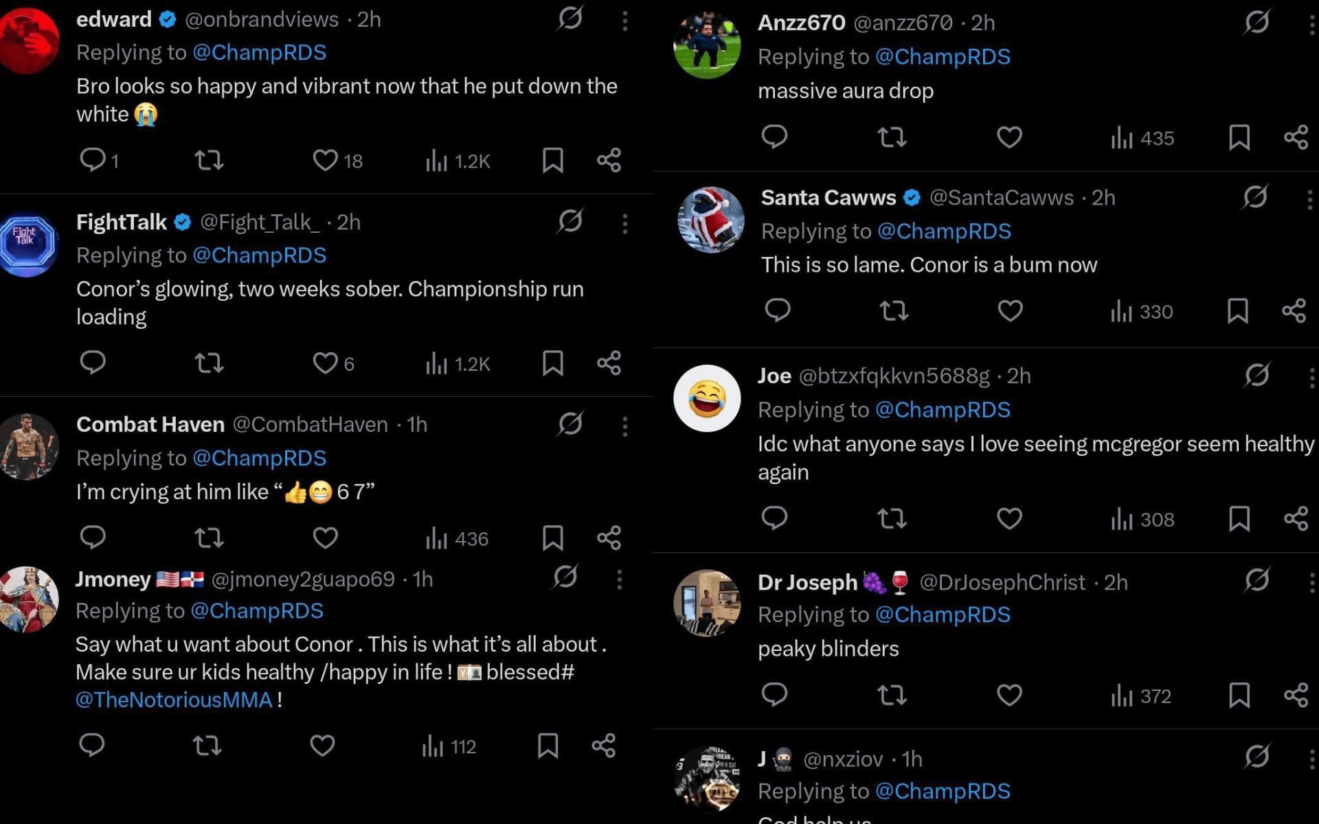 Fans&#039; reaction to Conor McGregor following a viral trend with his kids. [Screenshots courtesy: @ChampRDS on X]