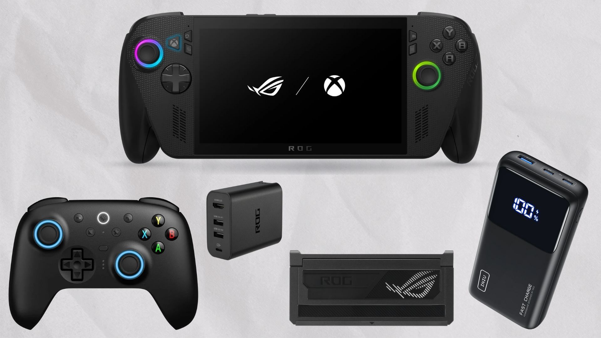 The best accessories for the ROG Xbox Ally X (Image via Asus, 8Bitdo, INIU)