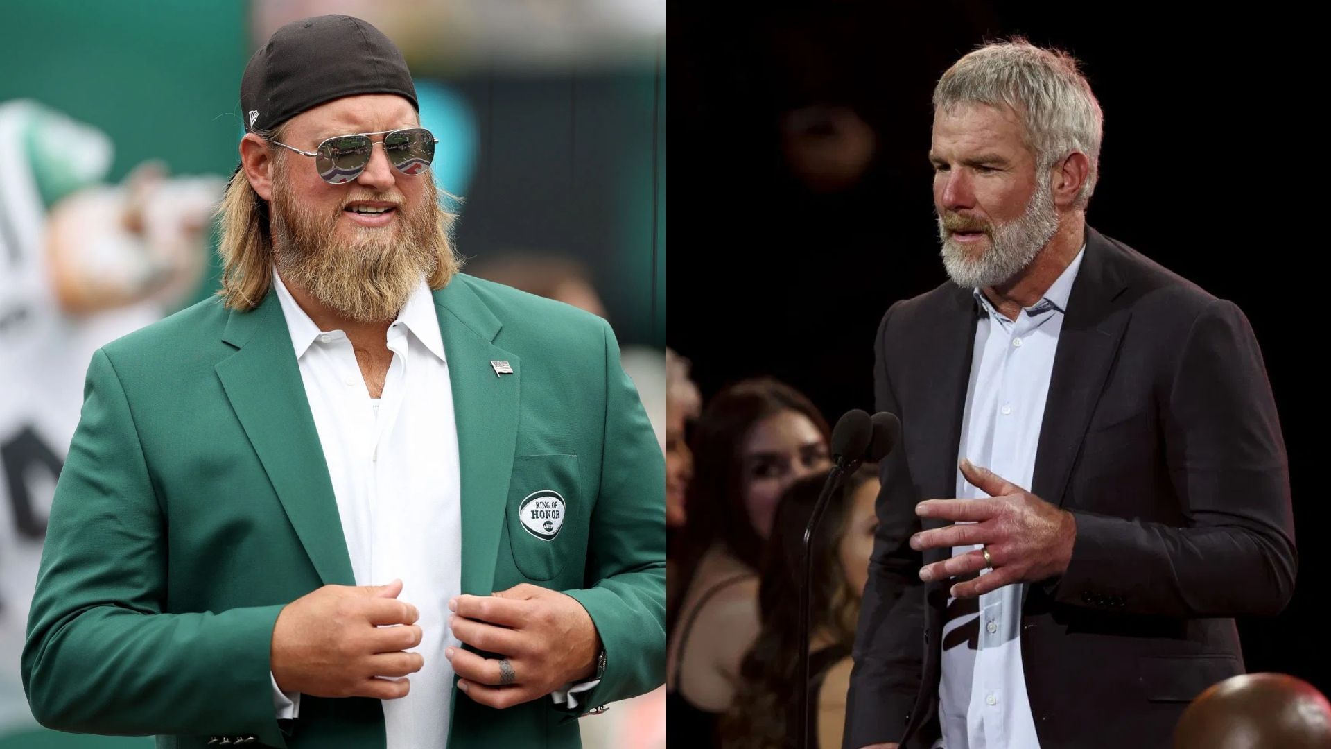 Brett Favre reacts to former teammate Nick Mangold