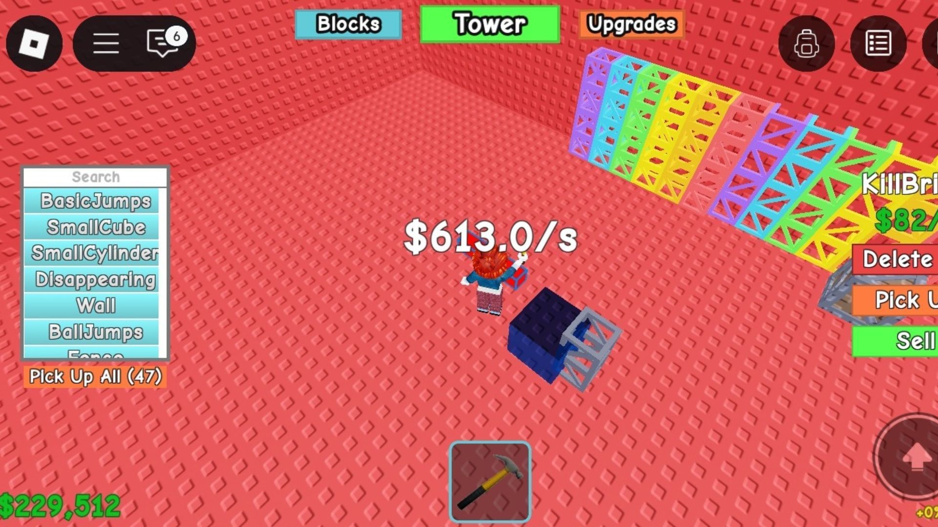 Placing building items at the tower (Image via Roblox)