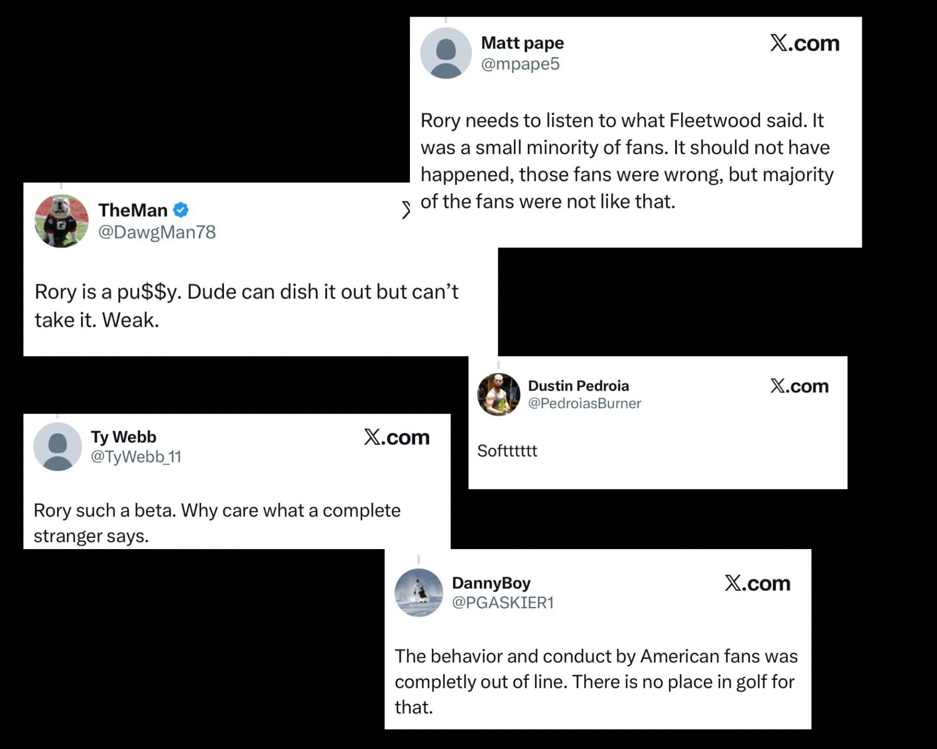 Fans react to the PGA of America&rsquo;s apology to Rory McIlroy _ [Image via X/@TyWebb_11 @DawgMan78 @PedroiasBurner @mpape5 @PGASKIER1 @