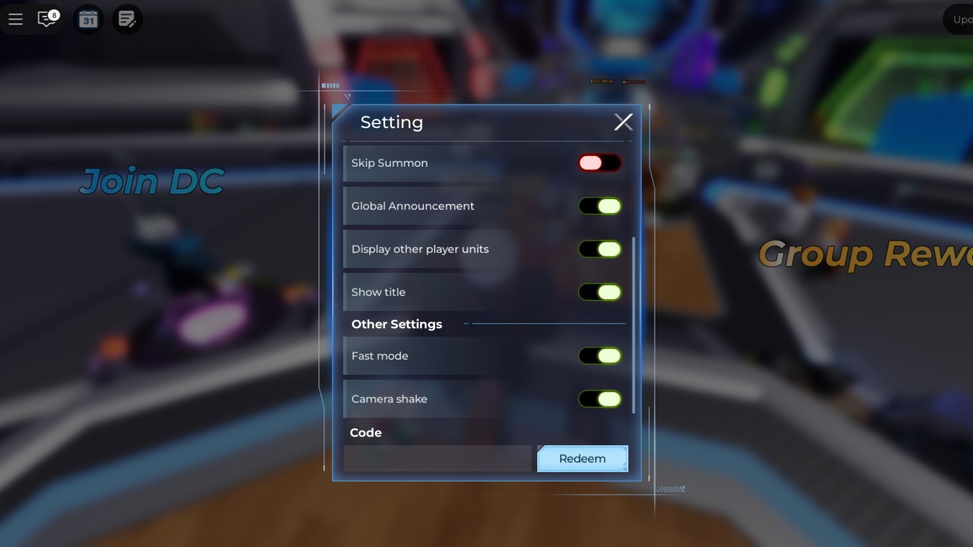 The code box is at the bottom of the Setting box (Image via Roblox)