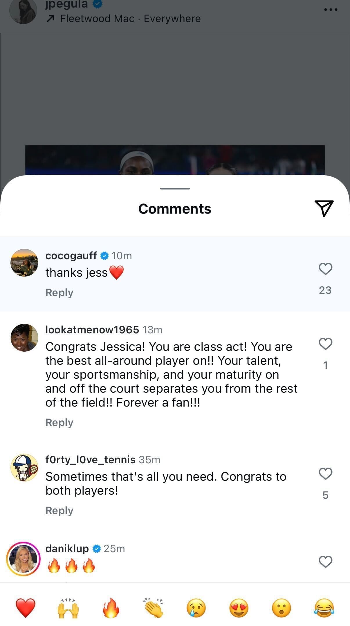 Gauff&#039;s comment on Pegula&#039;s post following the pair&#039;s clash in the 2025 Wuhan Open final (Source: Instagram/jpegula)