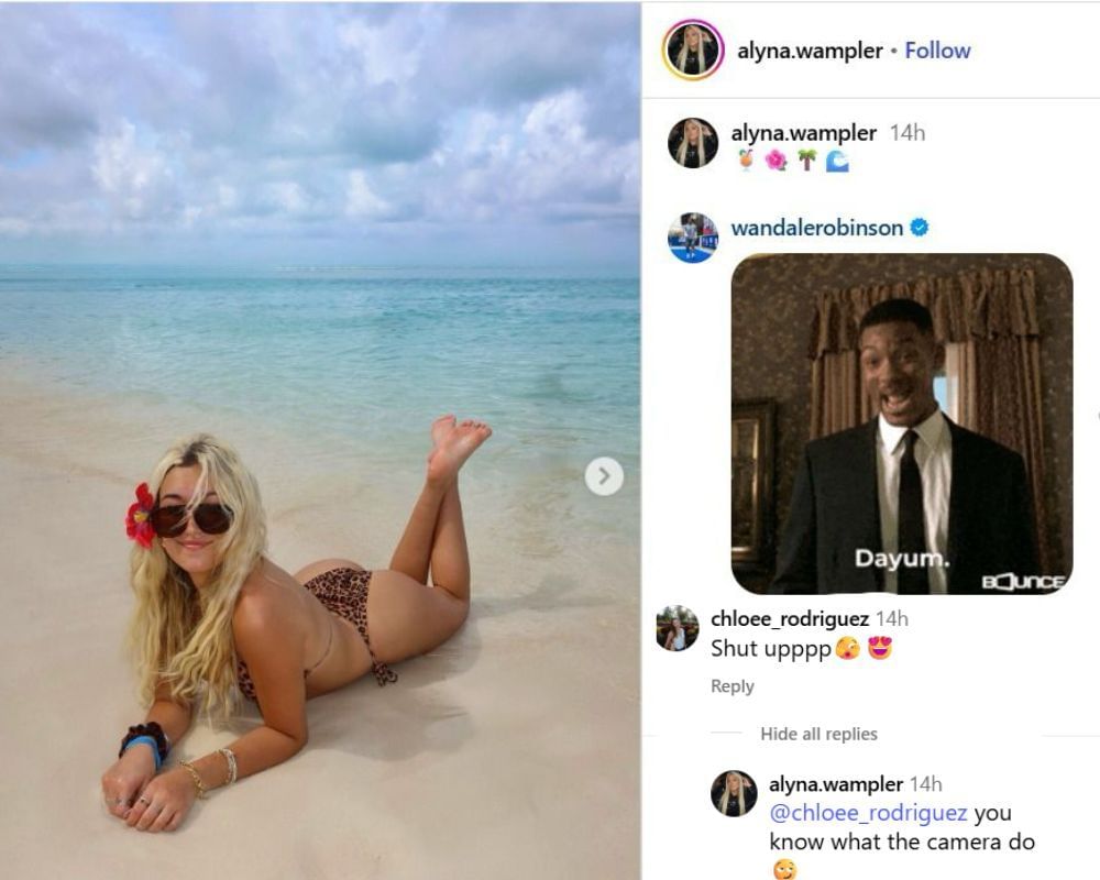 Cam Skattebo's GF Chloe Rodriguez loses it to Wan'Dale Robinson's GF Alyna Wampler, lying on the beach in a leopard print swimsuit 3 Cam Skattebo's GF Chloe Rodriguez loses it to Wan'Dale Robinson's GF Alyna Wampler, lying on the beach in a leopard print swimsuit (IG/@alyna.wampler)