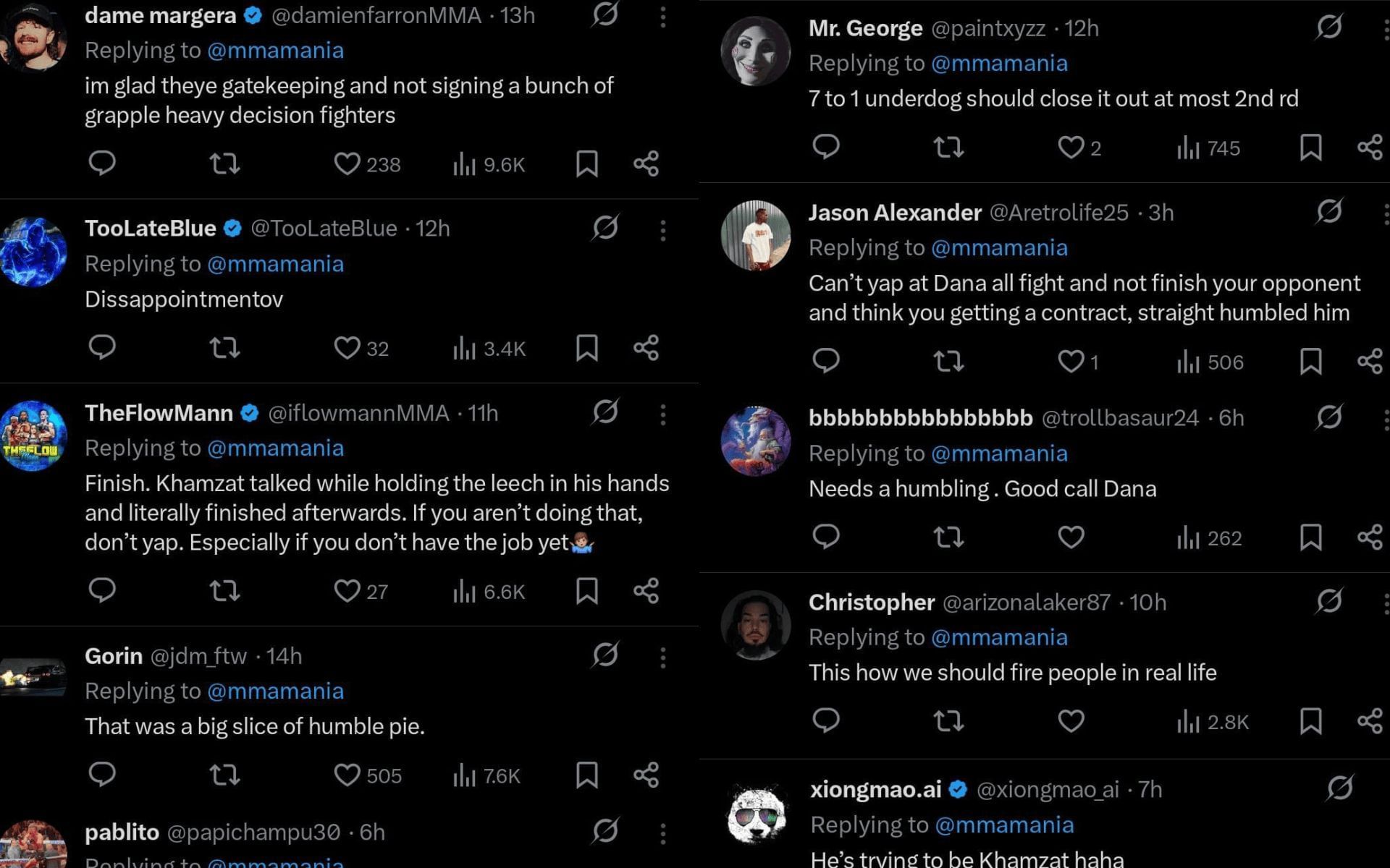 Fans&#039; reaction to Dana White snubbing Rashid Vagabov. [Screenshots courtesy: @mmamania on X]