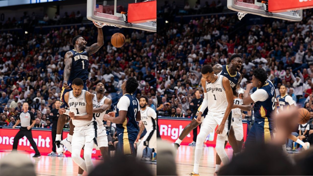 &quot;LeBron James I think we cool if you retire now&quot;: NBA Fans Stunned as Zion Williamson Diabolically Posterizes Victor Wembanyama. [photo: @pelicansNBA/X]