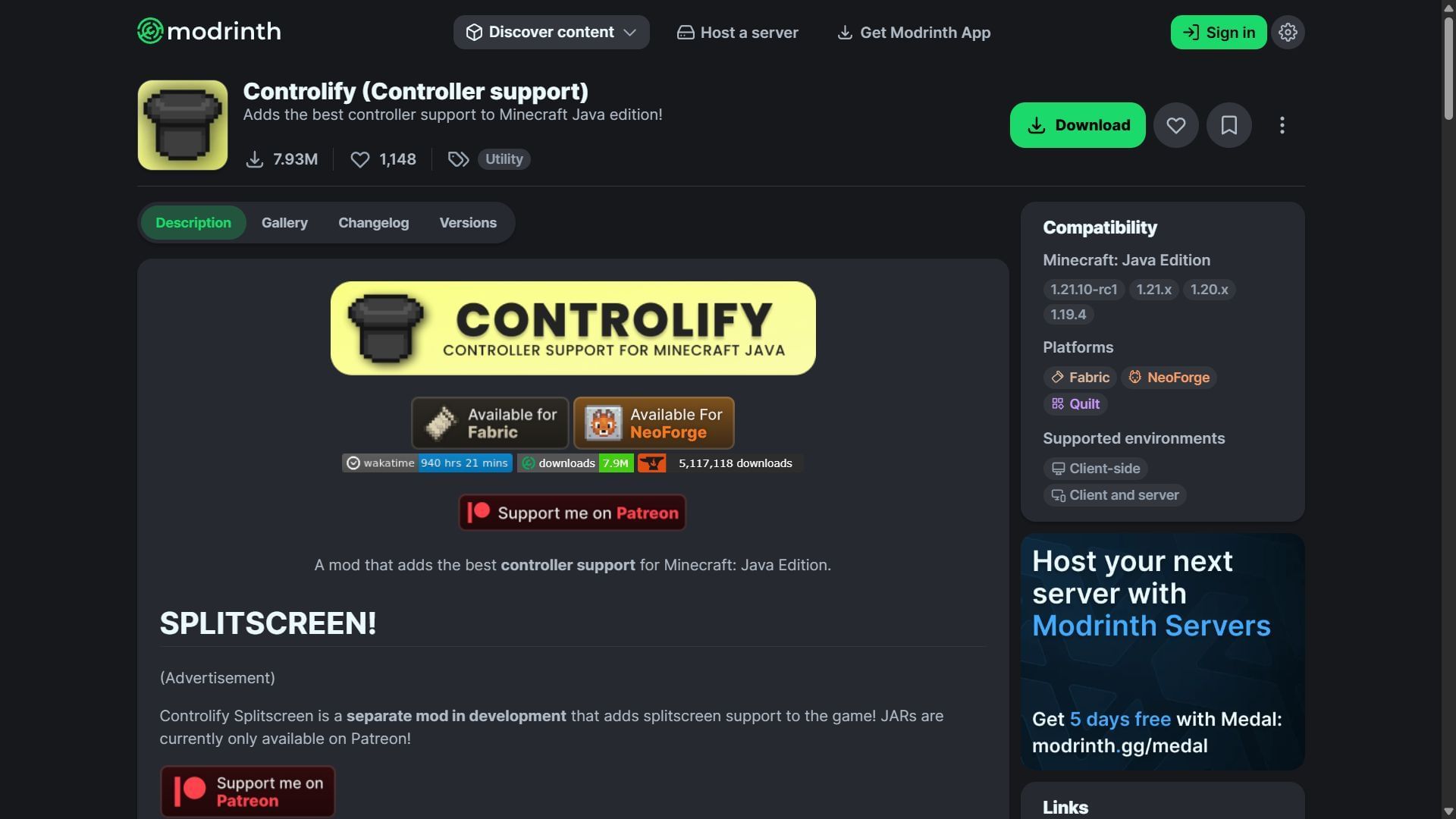 Controlify can be easily downloaded from the Modrinth website (Image via Modrinth/isxander)