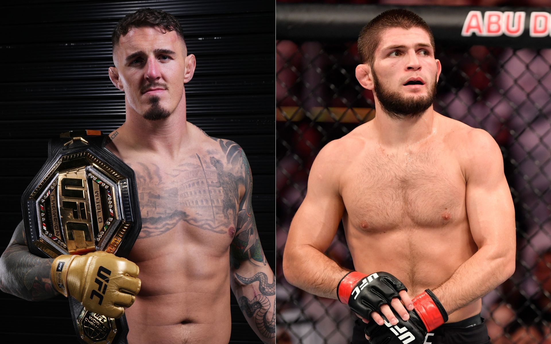 Tom Aspinall (left) receives advice for Khabib Nurmagomedov (right). [Images courtesy: Getty Images] 