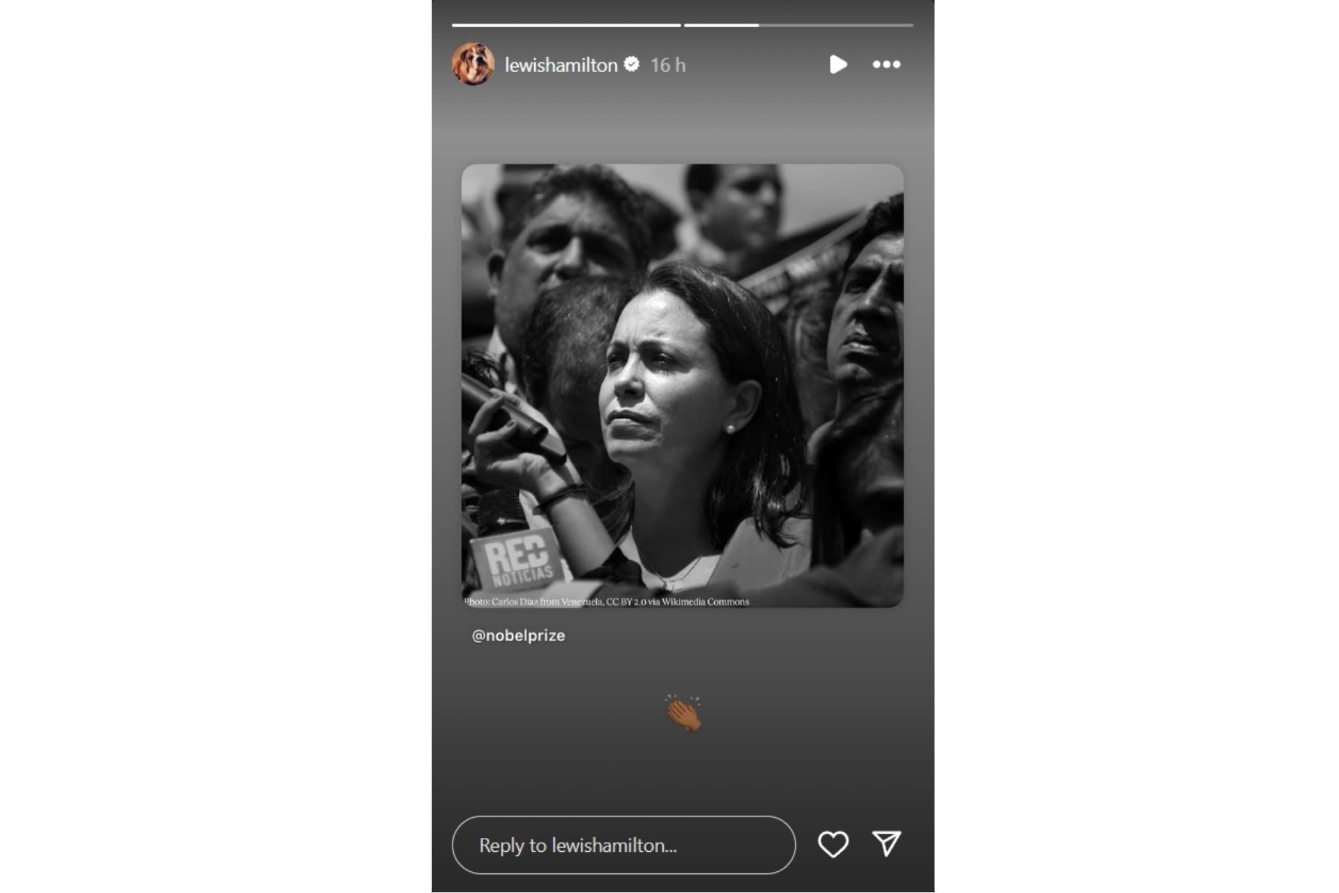 Lewis Hamilton appreciates Maria Corina Machado on Instagram