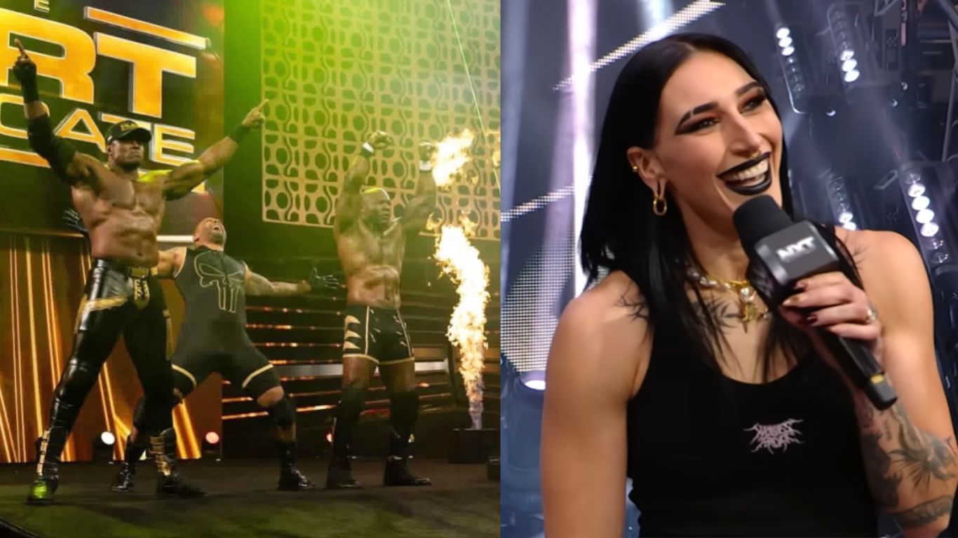 The Hurt Syndicate (left) and Rhea Ripley (right) [ Images from AEW and WWE