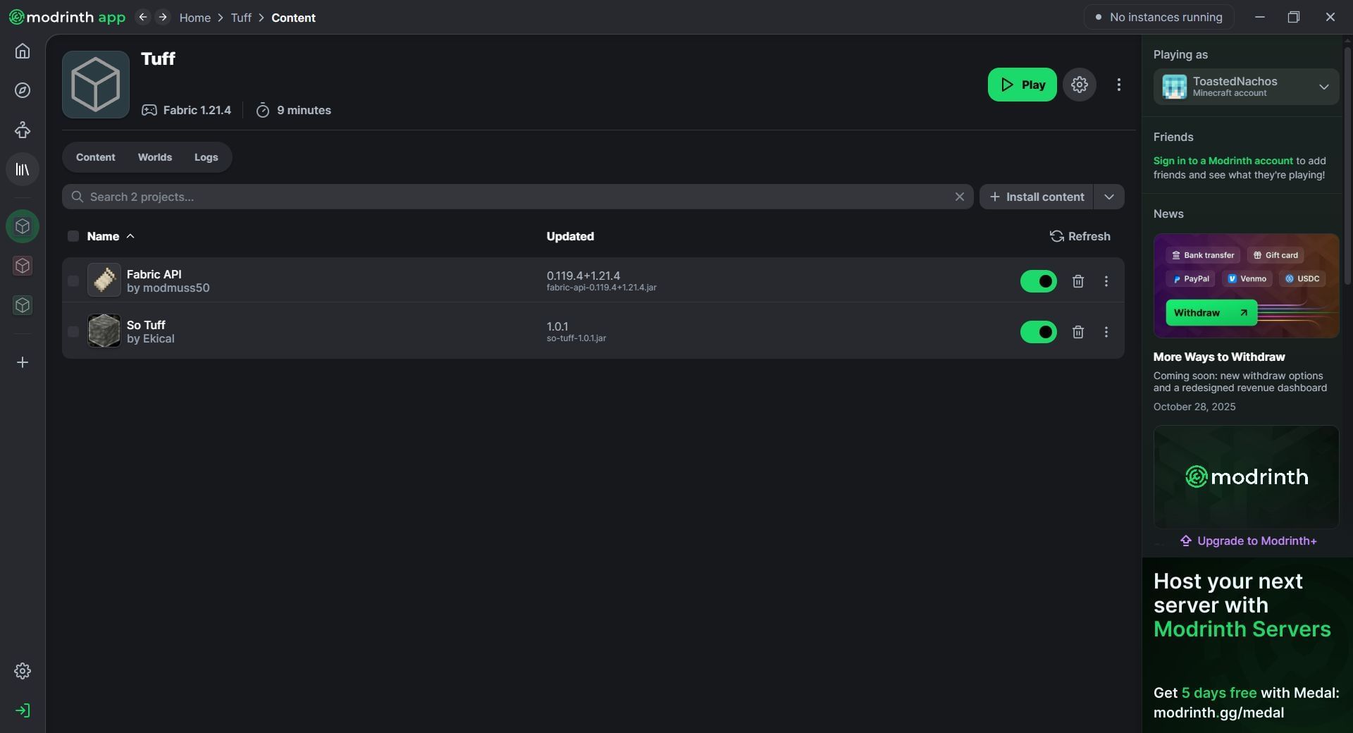 Use the Modrinth launcher to download and install the So Tuff Minecraft mod (Image via Sportskeeda Gaming || Mojang Studios/Ekical)