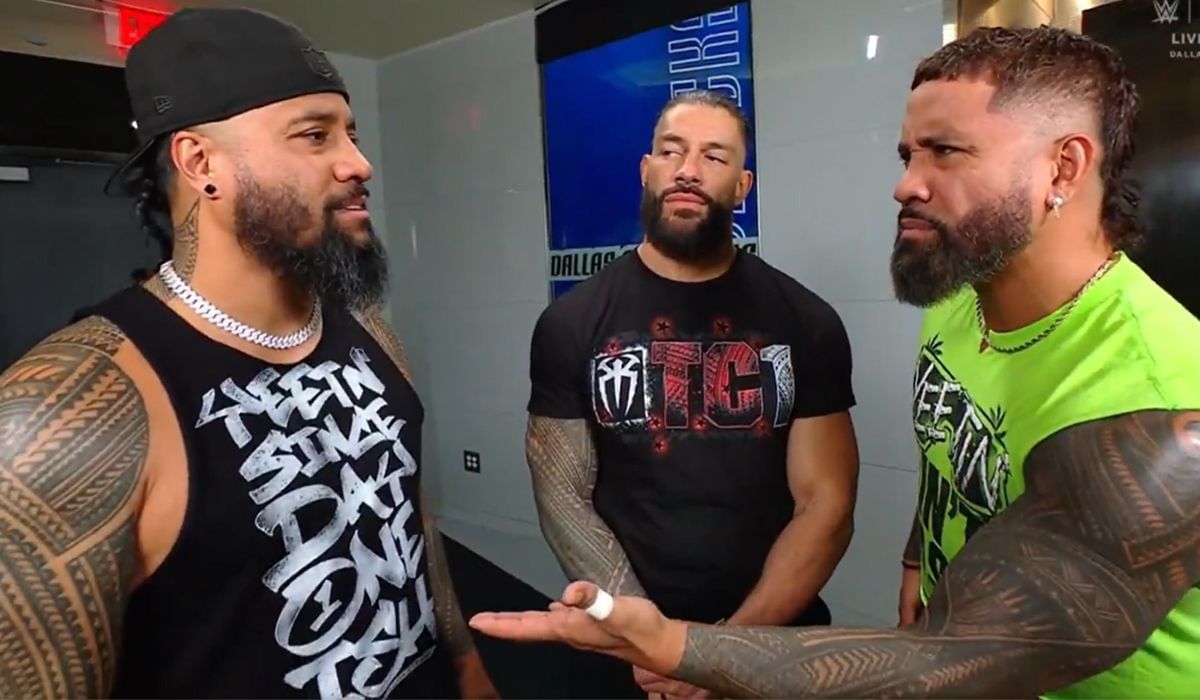 The Usos &amp; Roman Reigns backstage. [Image credits: WWE on X]