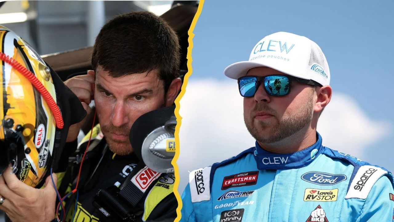 A side-by-side image of (Left) Layne Riggs, driver of the #34 Clew Ford, looks on during practice for the NASCAR Craftsman Truck Series Sober or Slammer 200 at Darlington Raceway on August 29, 2025 in Darlington, South Carolina. (Photo by Jared C. Tilton/Getty Images) and Grant Enfinger, driver of the #9 Champion Power Equipment Chevrolet, looks on in his truck prior to the NASCAR Craftsman Truck Series TSport 200 at Lucas Oil Indianapolis Raceway Park on July 25, 2025 in Indianapolis, Indiana. (Photo by Justin Casterline/Getty Images)