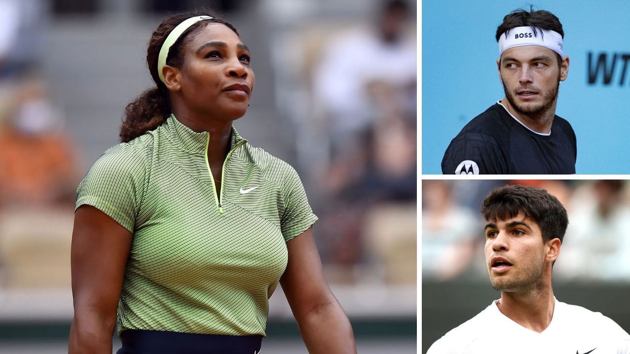 Serena Williams(left) Taylor Fritz(top right) and Carlos Alcaraz(bottom right). Images: Getty