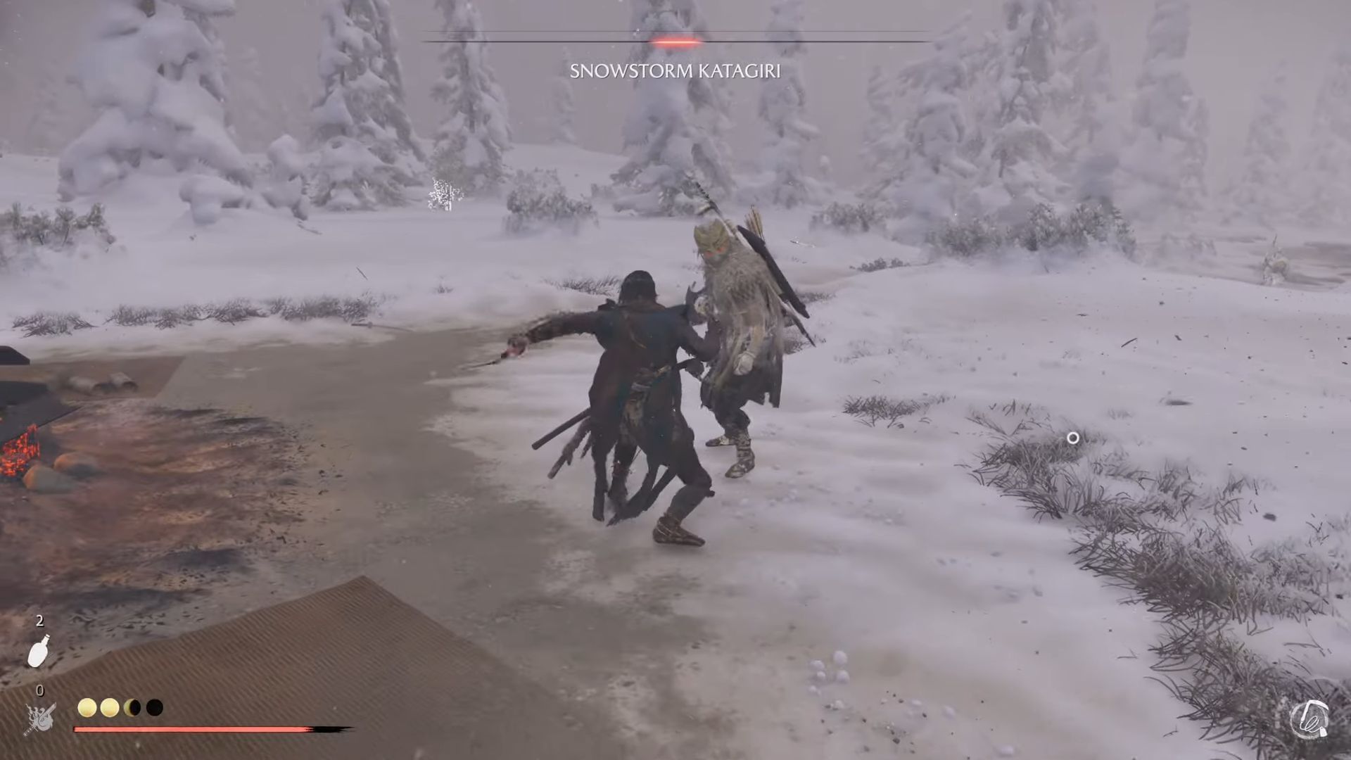 Taking down Snowstorm Katagiri (Image via Sucker Punch Productions and YouTube.com/@gamerackguides)