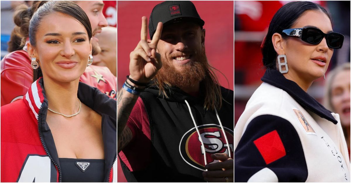  Kristin Juszczyk reacts after giving &quot;back up wife&quot; hug to George Kittle as Claire disappears before 49ers game