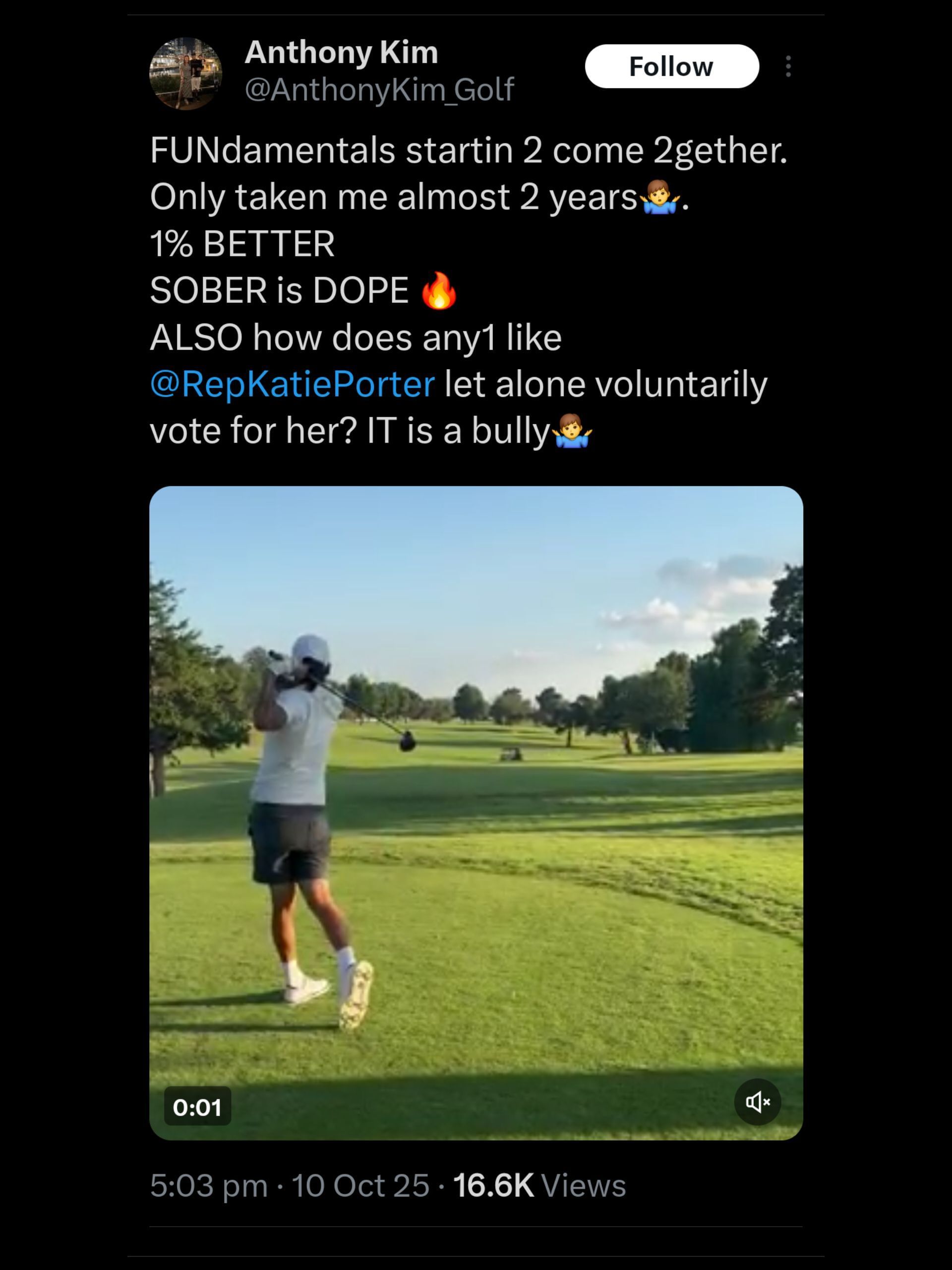 Screenshot from Kim&#039;s X post on Porter / Source: @AnthonyKim_Golf on X