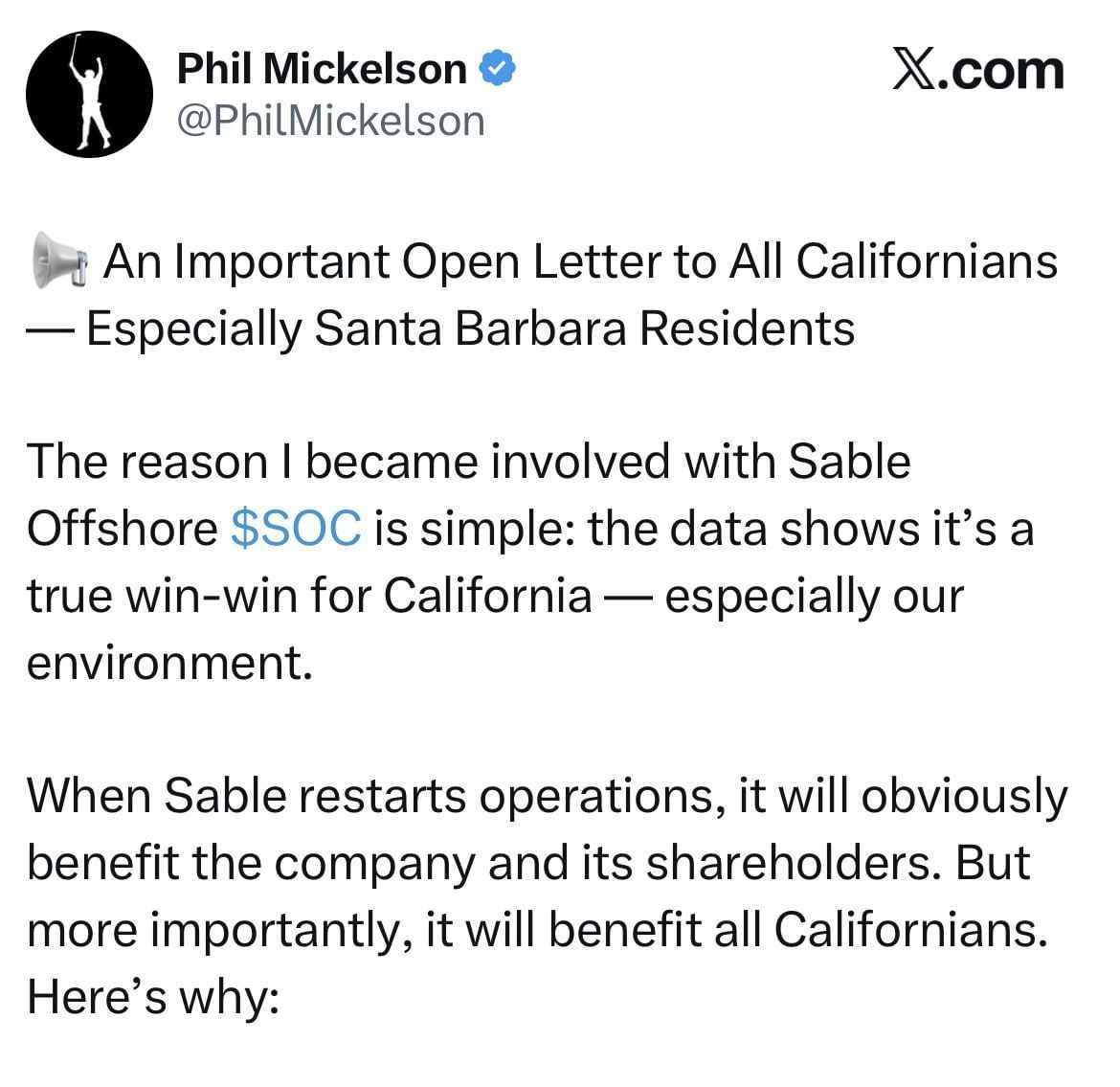 Mickelson&rsquo;s tweet on X _ Image source: X/@PhilMickelson