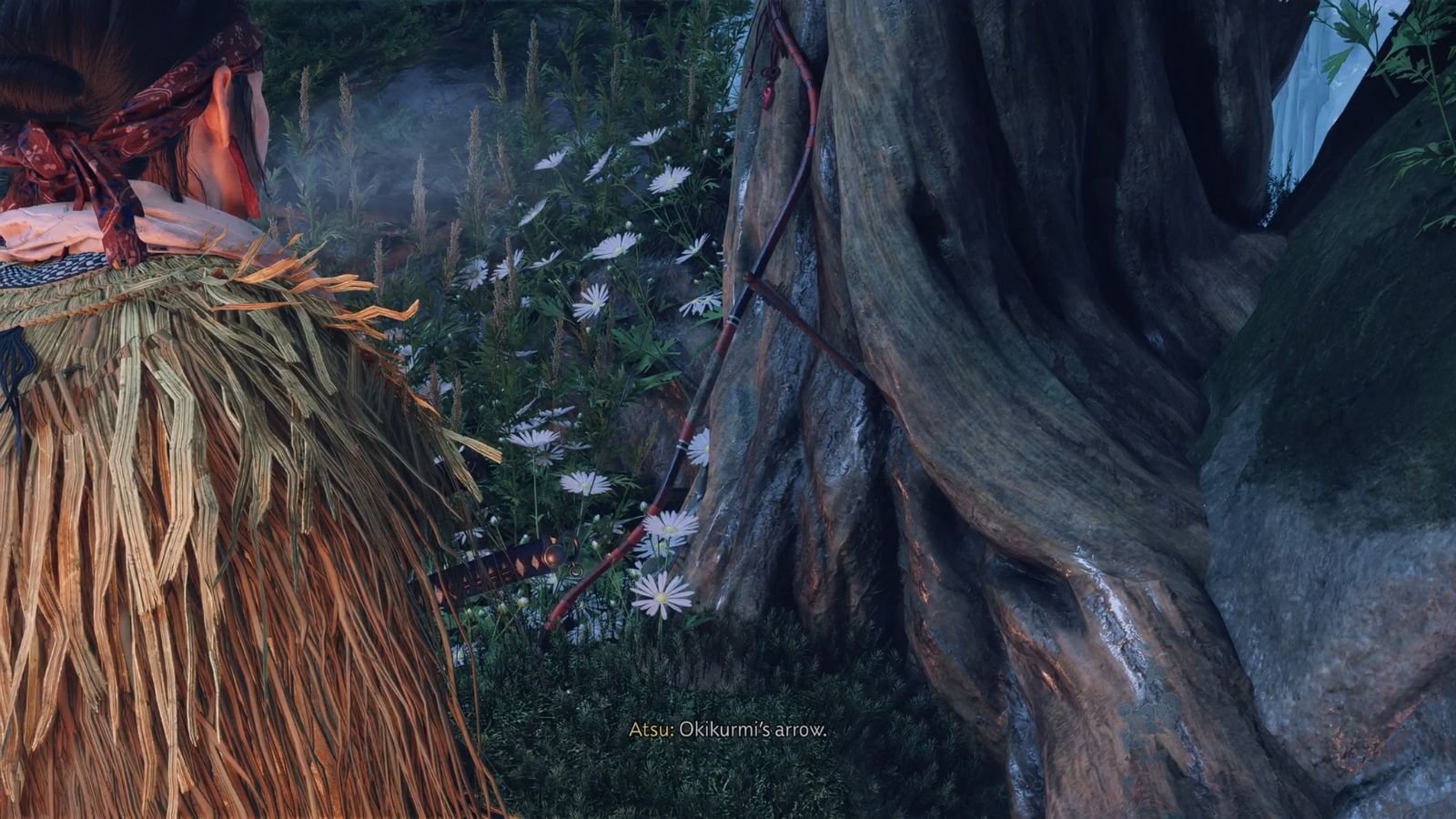 Okikurmi&#039;s arrow at the base of a tree in Ghost of Yotei (Image via Sucker Punch)