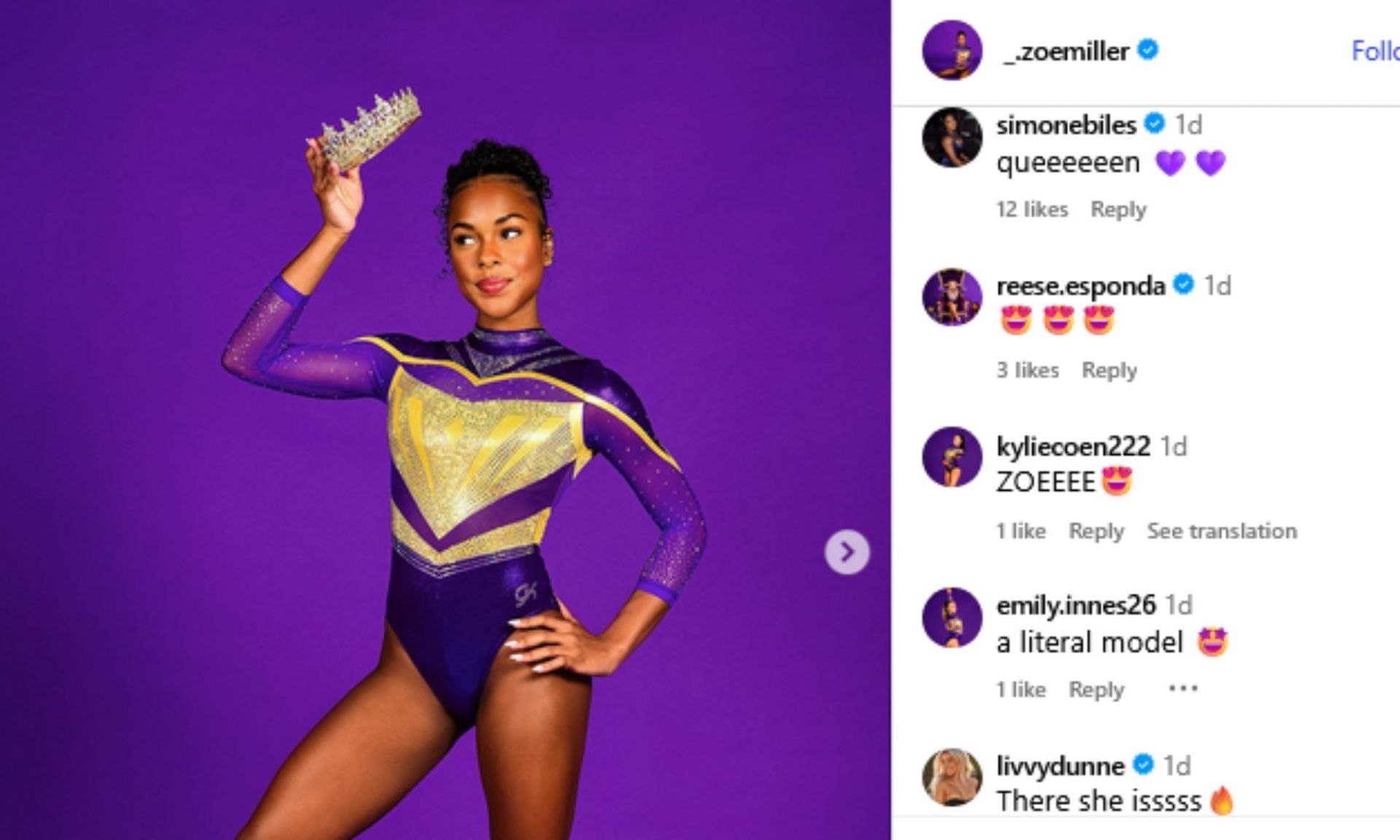 Screenshot of Biles&rsquo; and other athletes&rsquo; comments on Miller&rsquo;s post. Credits - IG/ _.zoemiller