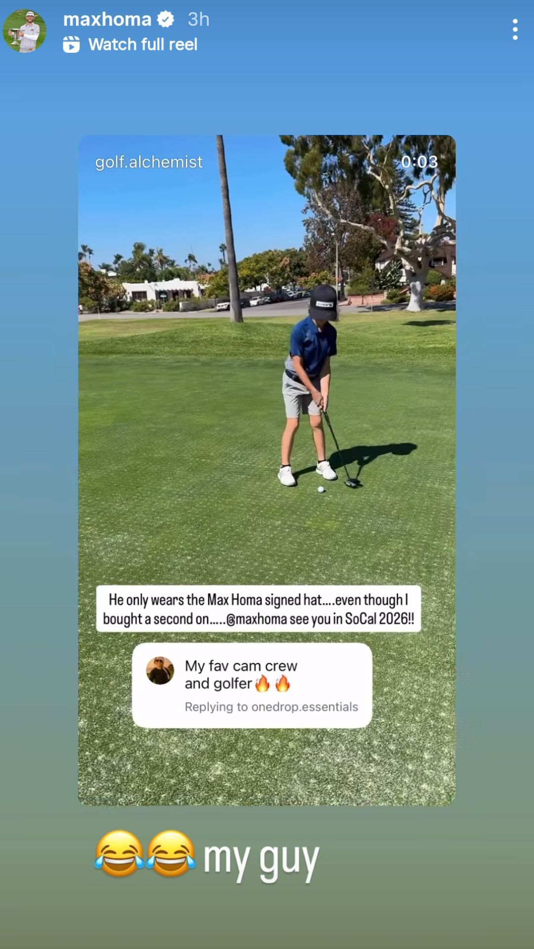 Screenshot of Max Homa&#039;s Instagram story - @maxhoma on Instagram