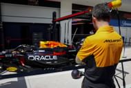 McLaren team principal Andrea Stella observes Max Verstappen's car at the Miami GP. Source: Getty