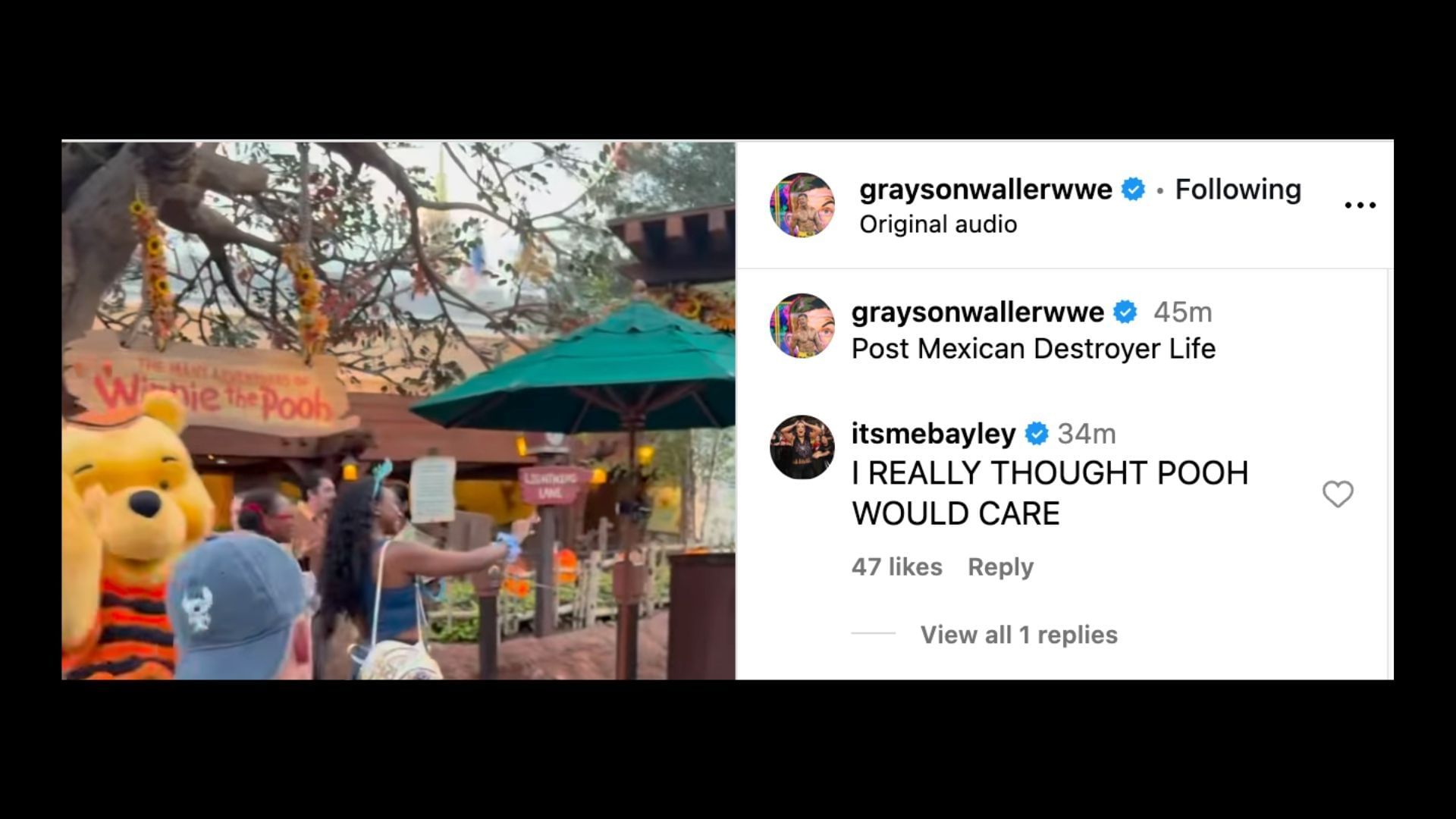 Bayley reacted to Waller&#039;s video today on social media. [Image credit: Grayson Waller on Instagram]