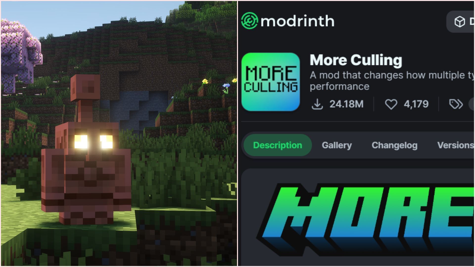More Culling improves how the game manages entities and objects that the player cannot see (Image via Sportskeeda Gaming || Mojang Studios || Modrinth/More Culling)