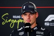 Second placed qualifier Max Verstappen of the Netherlands and Oracle Red Bull Racing in the Drivers Press Conference during qualifying ahead of the F1 Grand Prix of Singapore at Marina Bay Street Circuit - Source: Getty