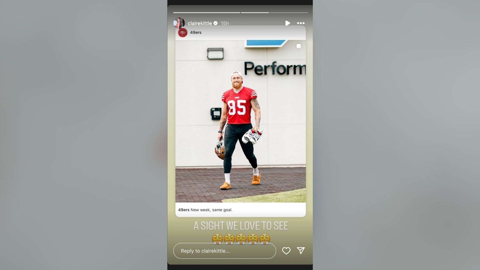 George Kittle&#039;s wife Claire celebrates TE&#039;s return to practice (Image Credit: Claire/IG)