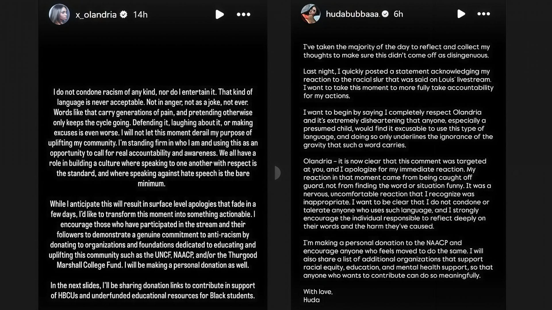 Huda Mustafa and Olandria Carthen Issue Statements Addressing the Livestream Incident (Image via Instagram stories)
