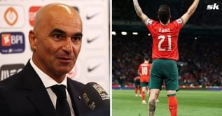 Roberto Martinez reacts as Ruben Neves scores winning goal for Portugal after changing his jersey number to honour late Diogo Jota